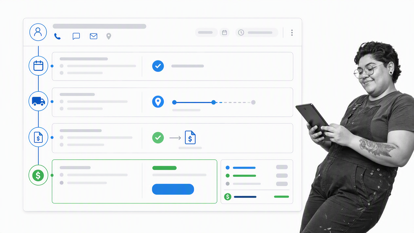 Housecall Pro-style job detail connecting a customer appointment, technician, estimate, and invoice