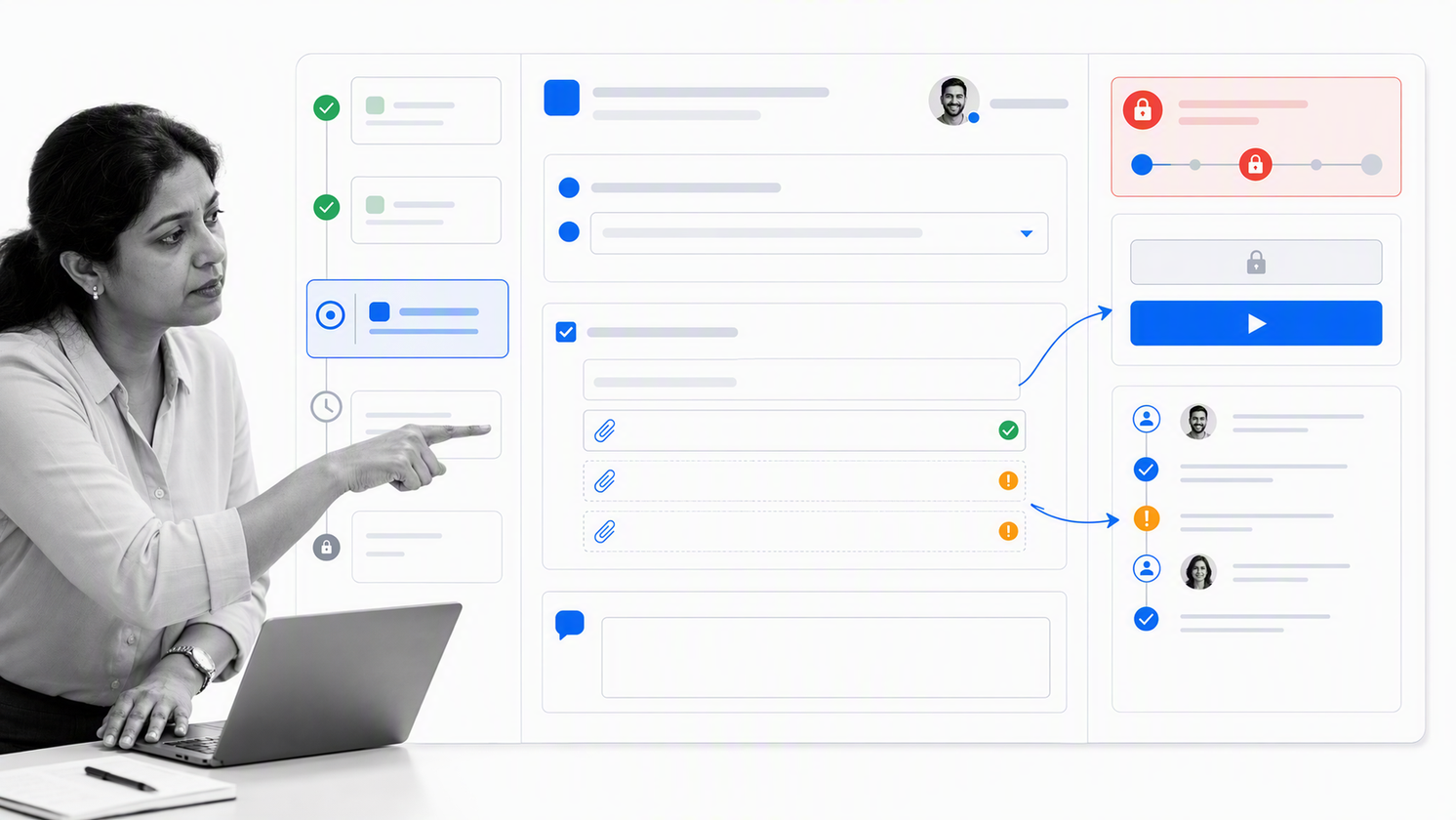 Process Street workflow run showing assigned job steps, form evidence, and an approval gate
