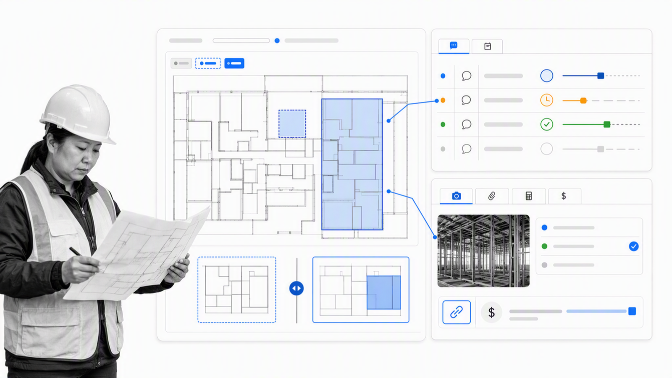 Procore-style construction project overview with a drawing revision, RFI, schedule milestone, and cost status