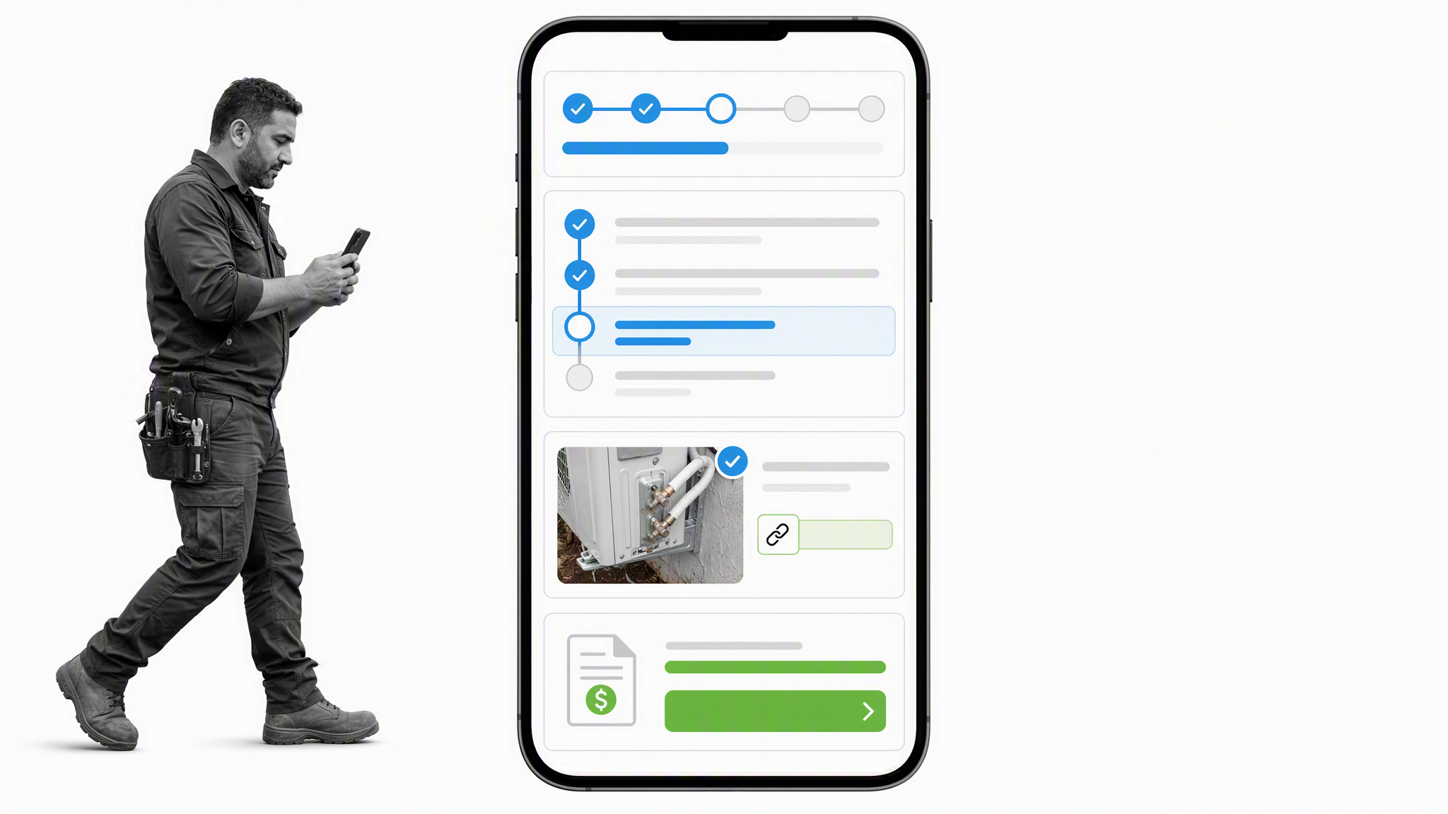 ServiceM8-style mobile job card with technician status, field evidence, and invoicing actions
