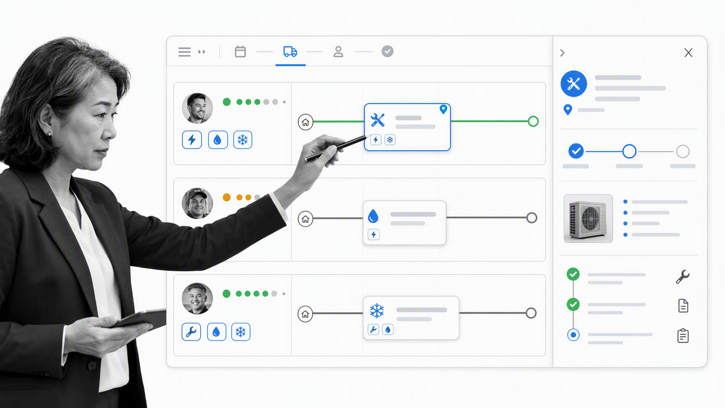 ServiceTitan-style dispatch board with technician schedules, capacity, and a selected service job