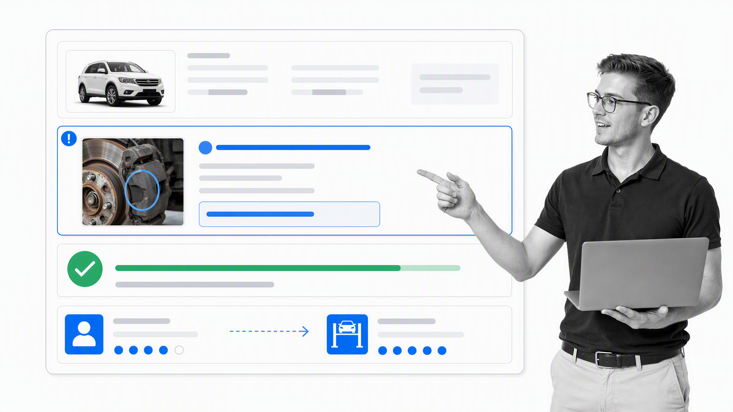 Shopmonkey-style auto repair order with vehicle inspection, estimate approval, and technician bay status