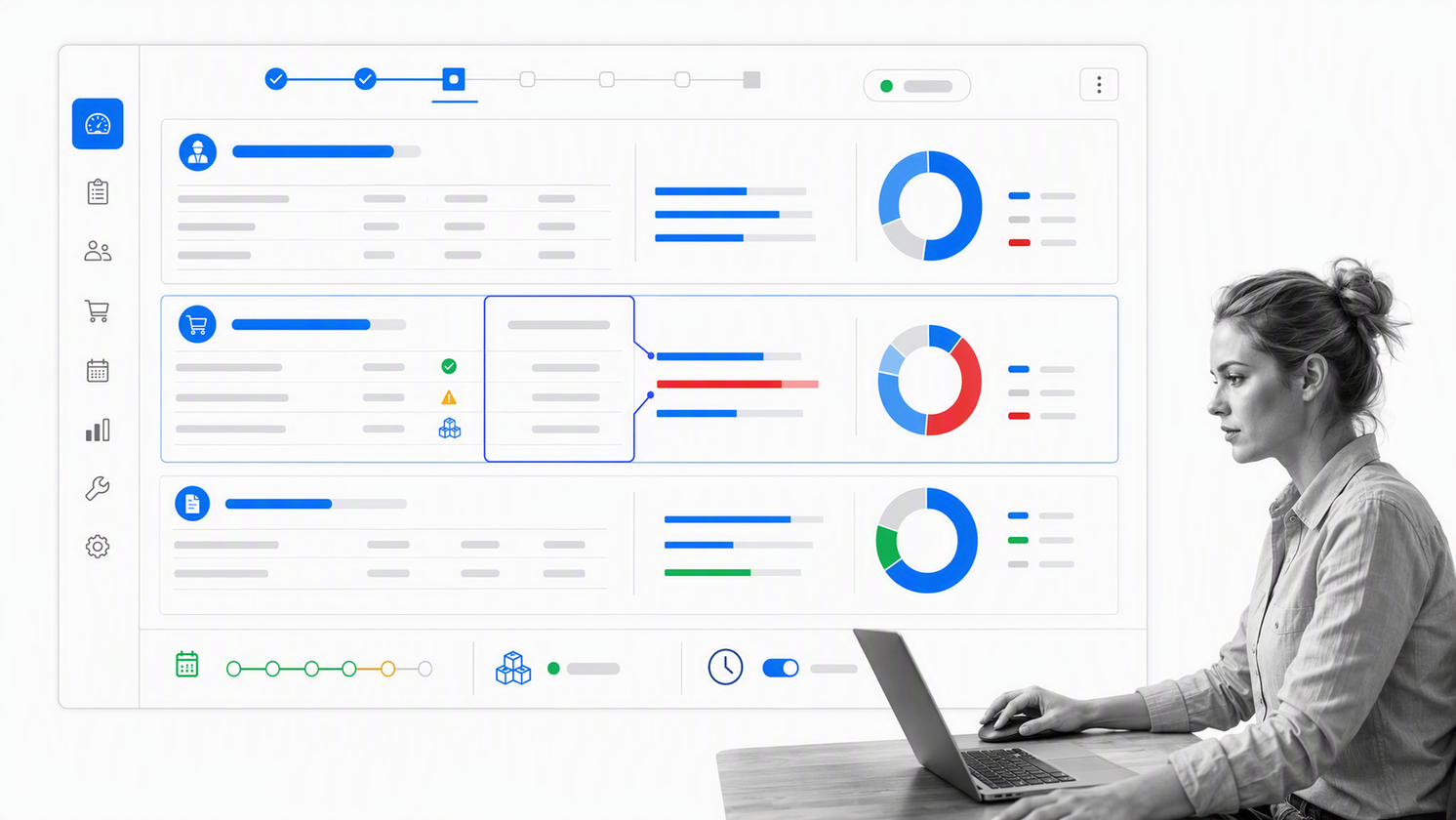 Simpro-style trade job dashboard showing schedule status, labor, materials, and invoice progress