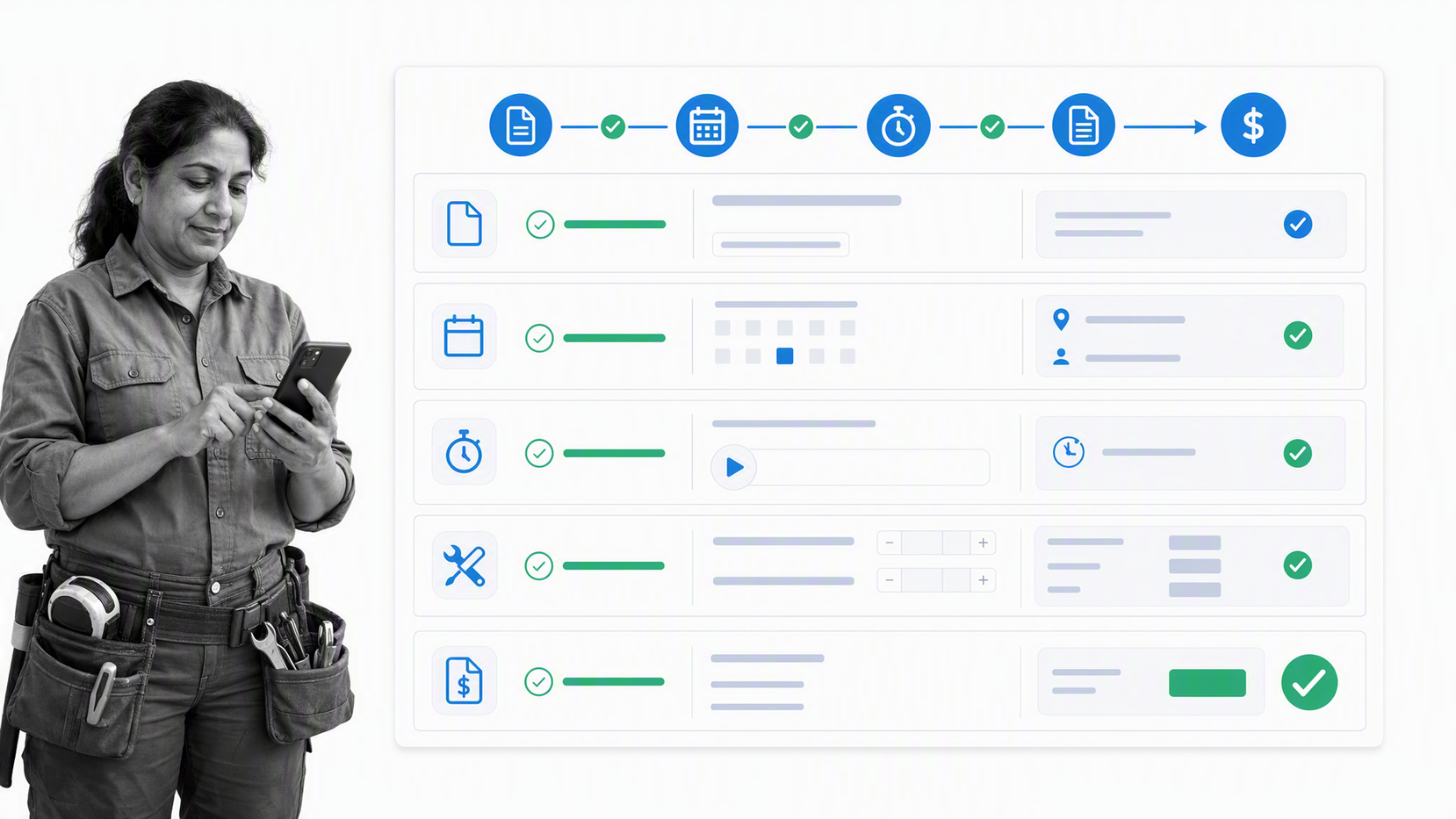 Tradify-style trade job sheet connecting a quote, appointment, timesheet, and invoice