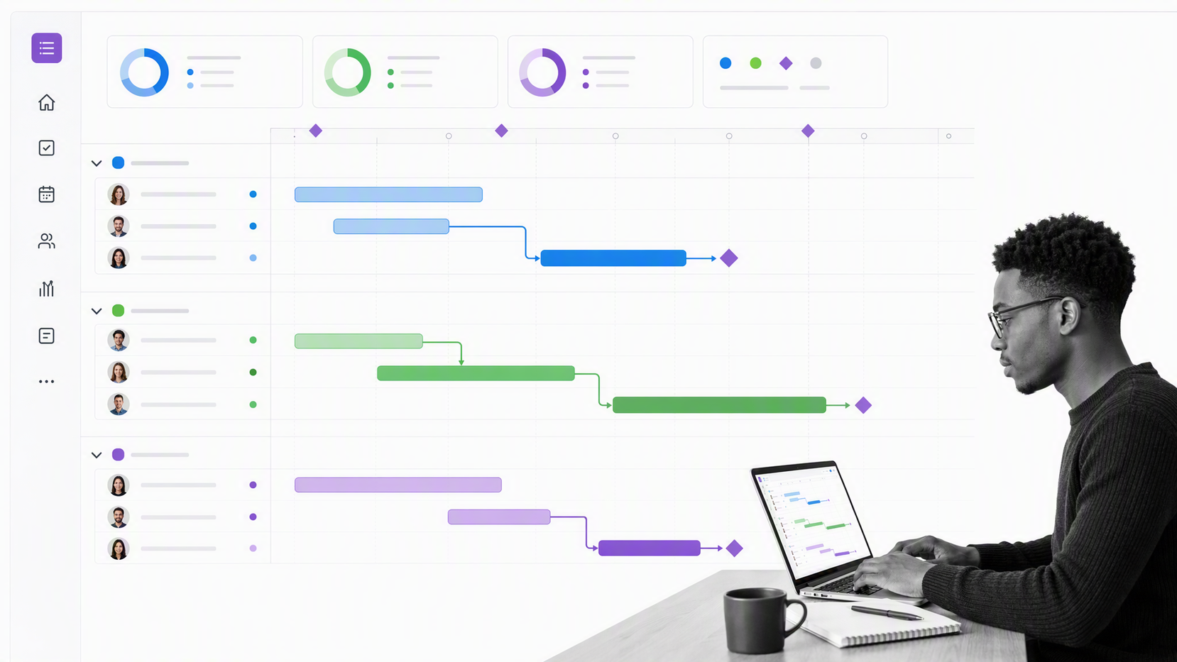 Asana project timeline with milestones, dependencies, task owners, and due dates