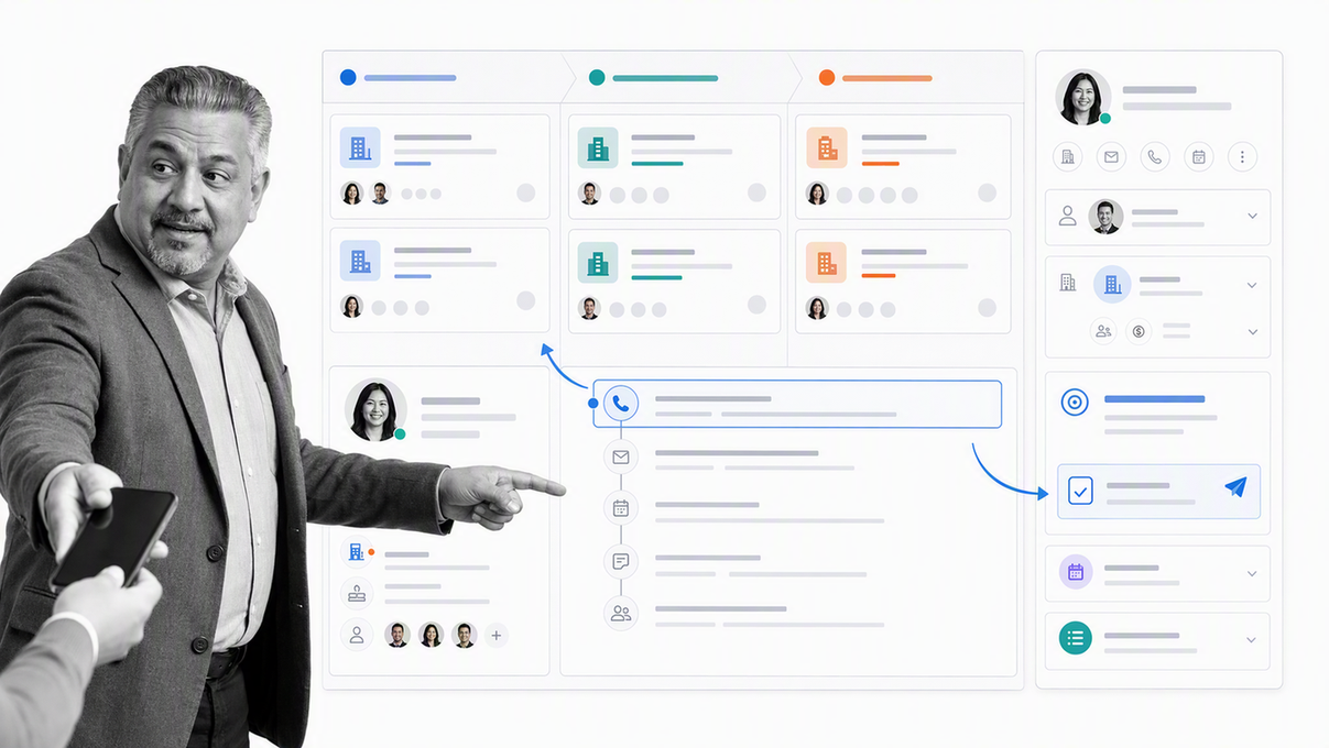 HubSpot CRM deal pipeline with contact activity, deal owner, and next customer action