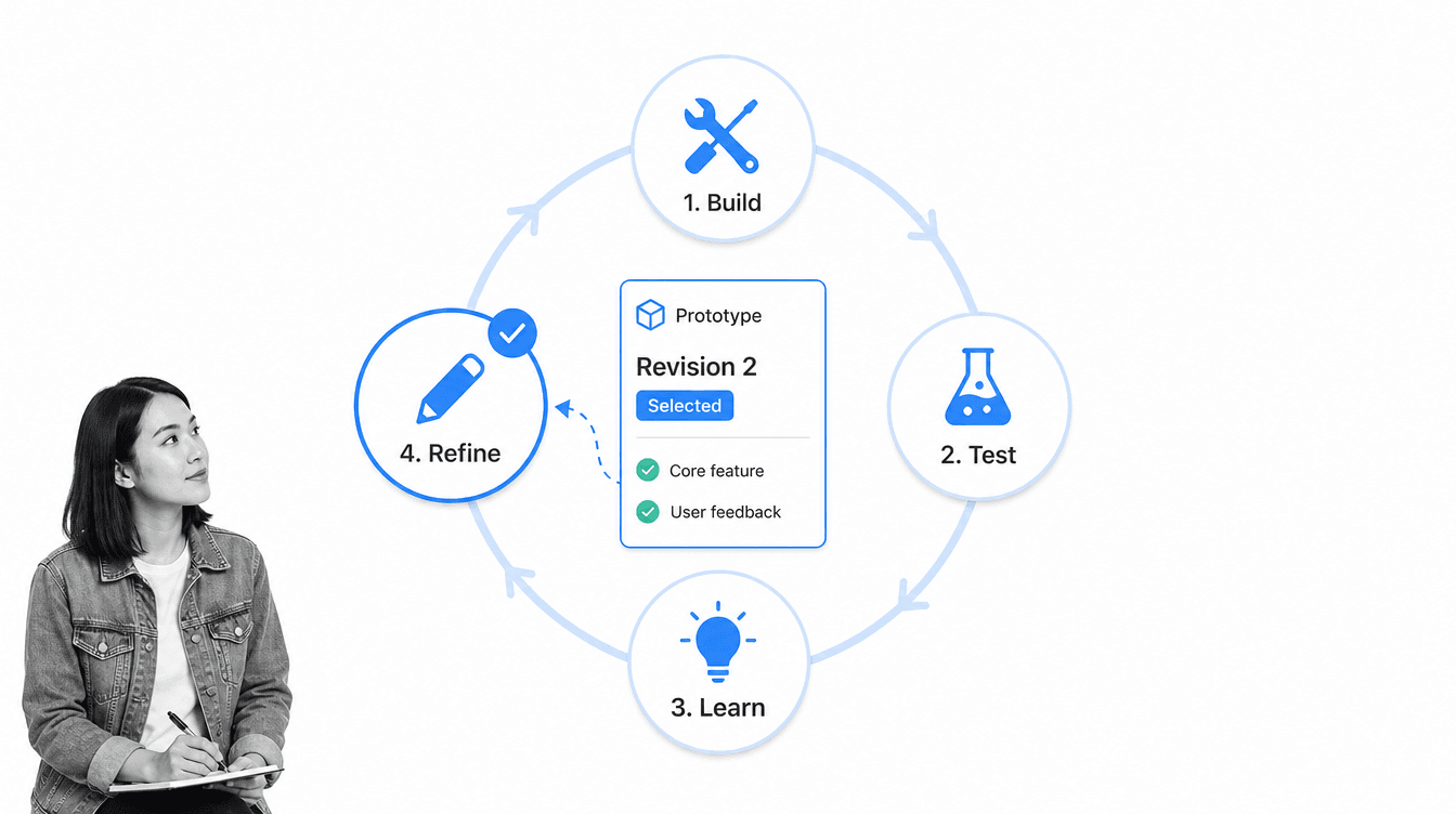 Minimum viable product feedback loop moving through build, test, learn, and refine