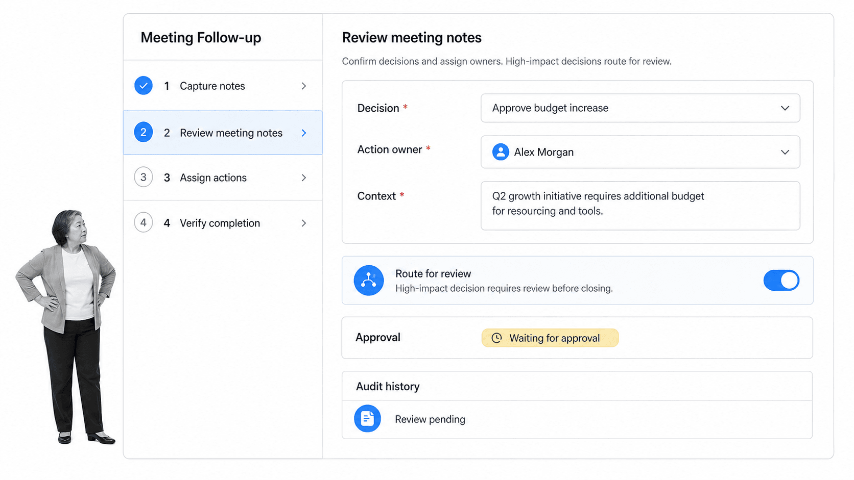 Process Street meeting follow-up workflow with required action fields, routing, approval, and audit history