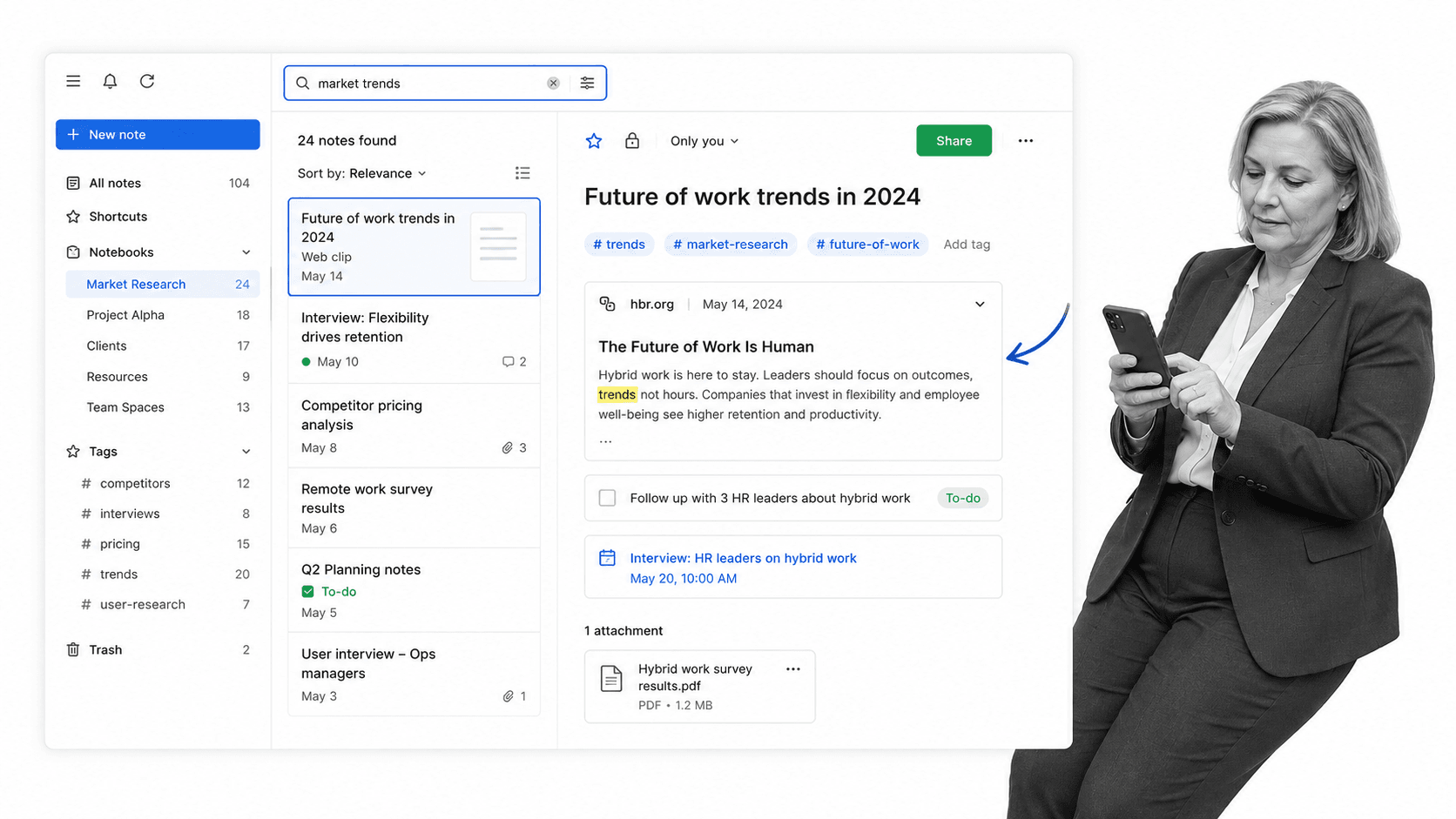 Evernote note workspace with web clip, notebook rail, tags, task, calendar, and search result