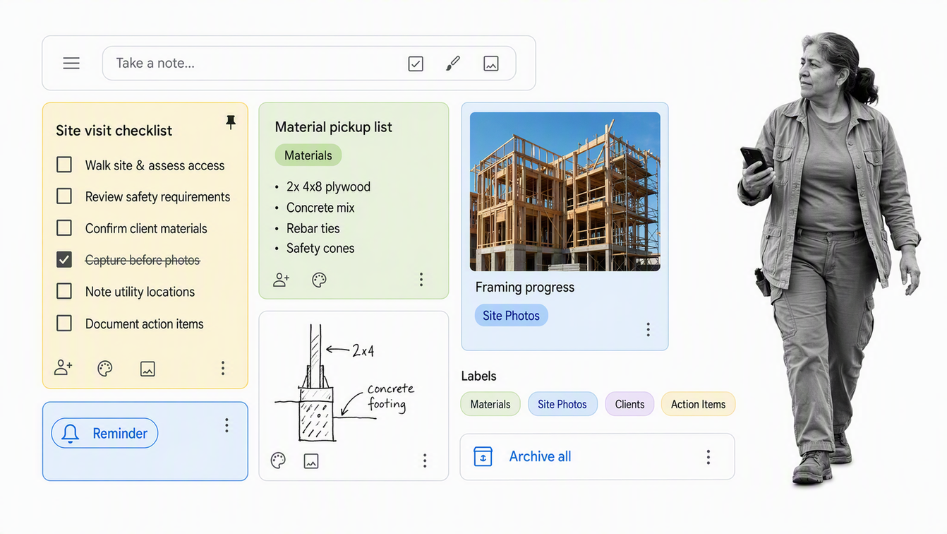 Google Keep lightweight card grid with pinned checklist, labels, drawing, image note, and reminder