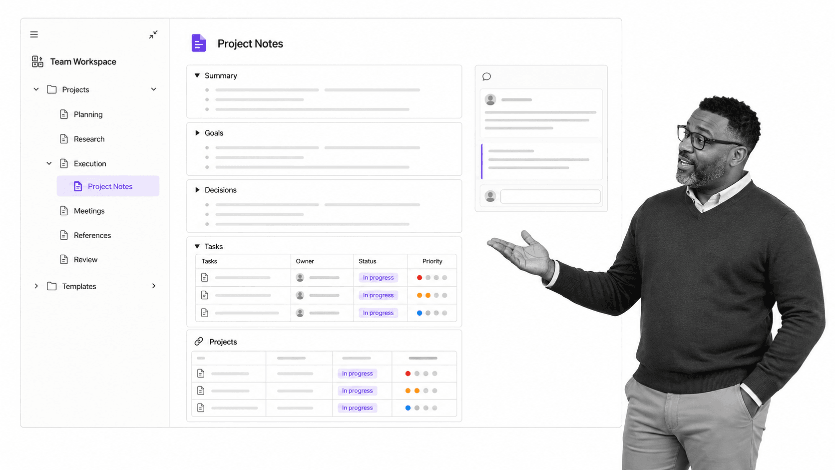 Notion connected notes workspace with nested pages, meeting summary, comments, and database properties
