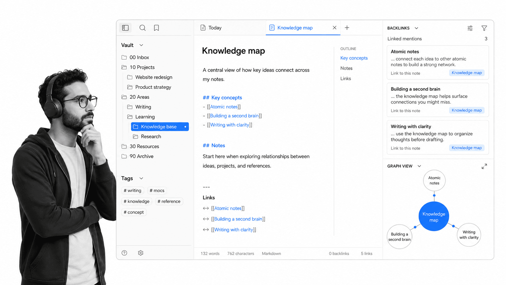 Obsidian local Markdown note with file tree, backlinks, and a compact knowledge graph