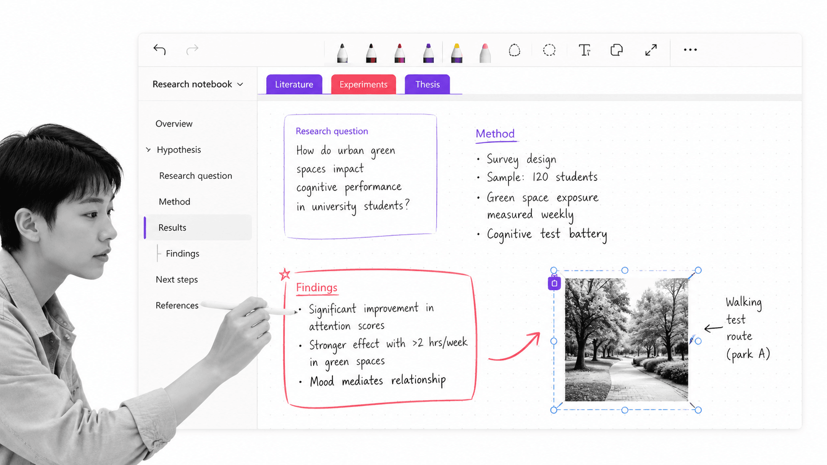 Microsoft OneNote freeform notebook with section tabs, page list, typed notes, and handwriting