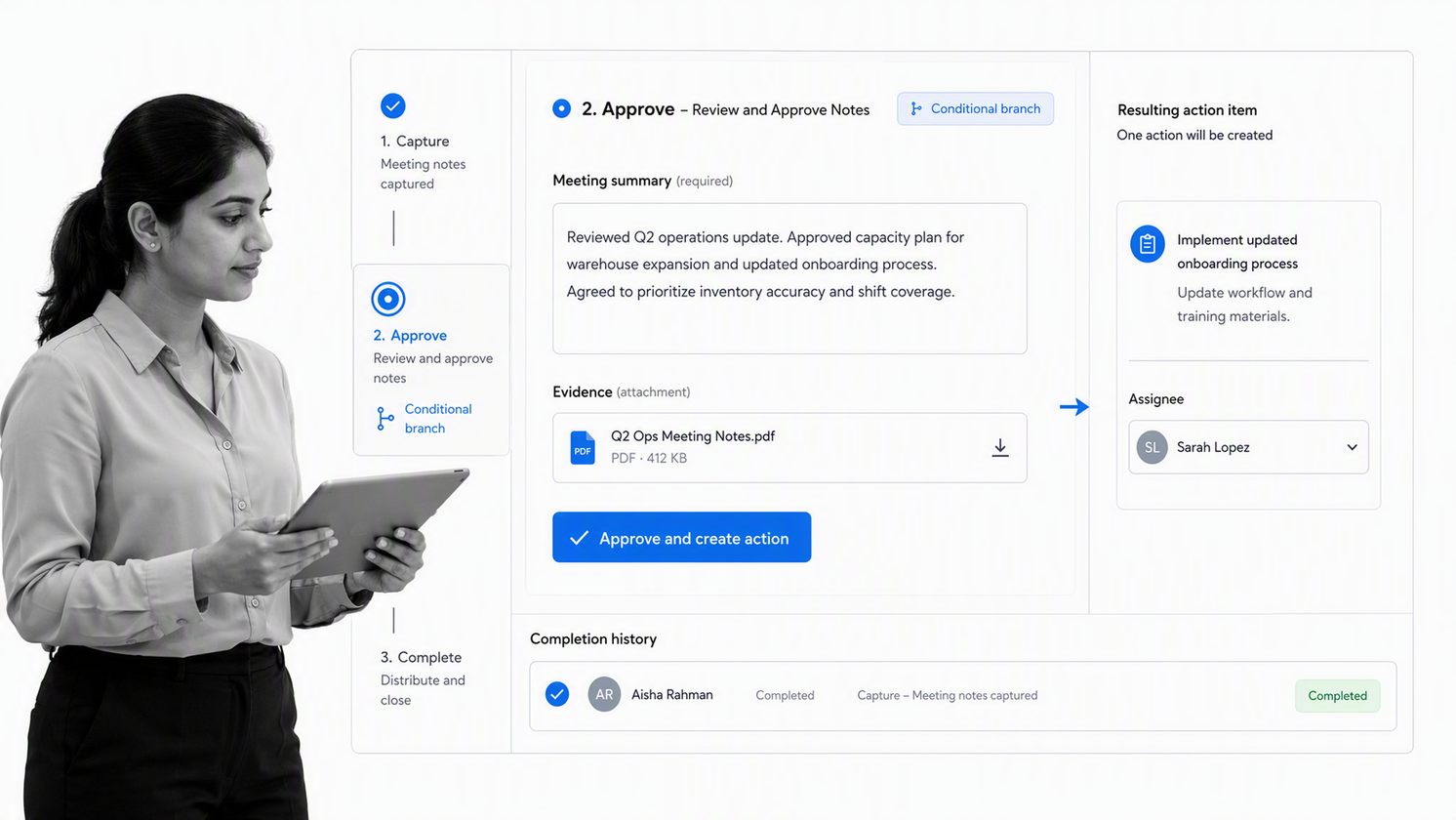 Process Street workflow run turning meeting notes into assigned tasks, approvals, and audit proof