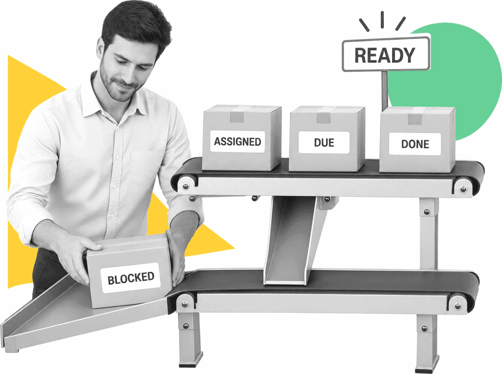 Onboarding operations lead sorting labeled task parcels through a two-tier dispatch station.
