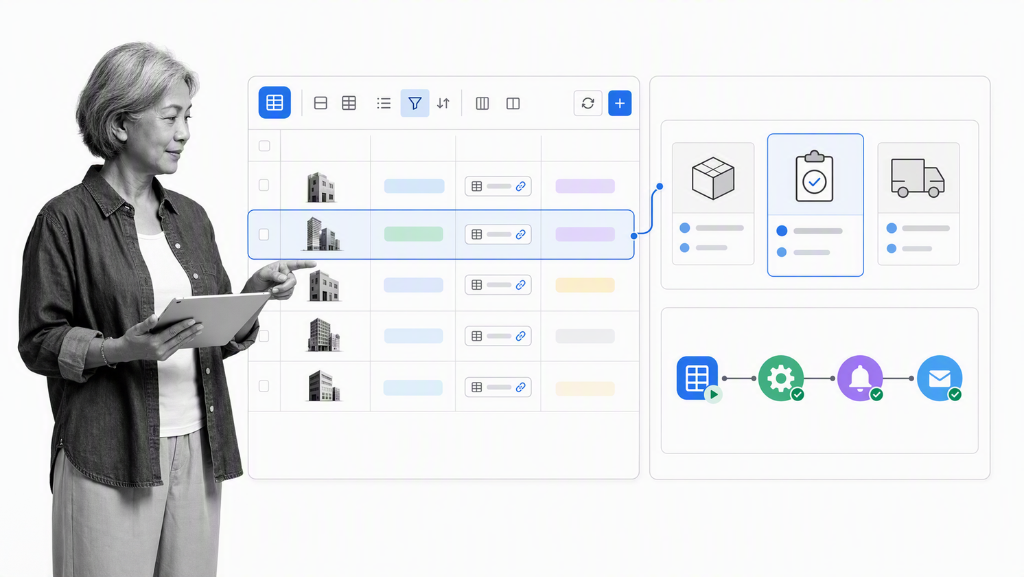 Airtable operations app with relational records, linked fields, and a custom interface