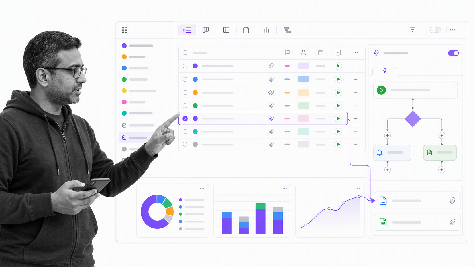 ClickUp operations workspace with task views, custom fields, and an automation condition