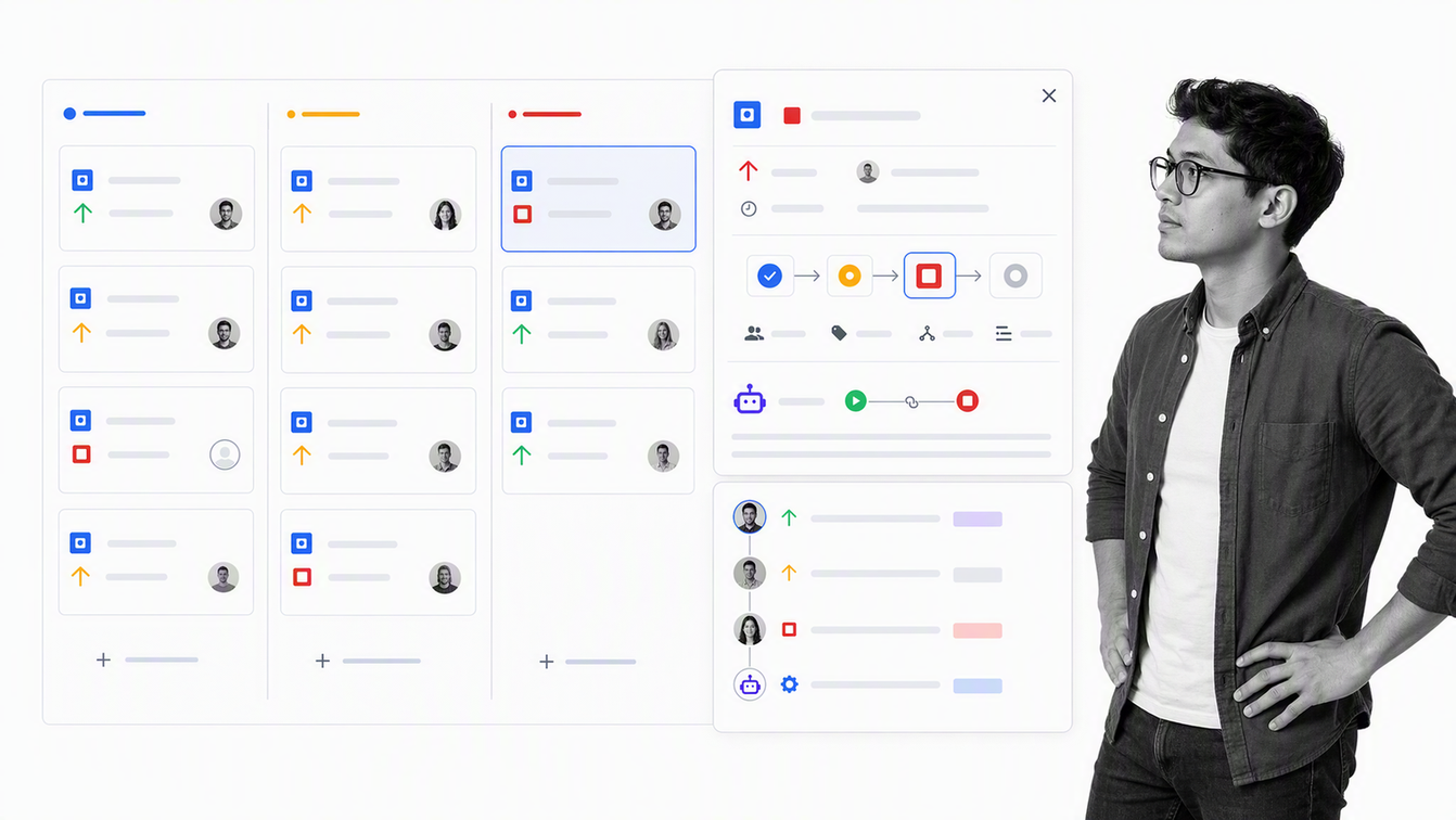Jira technical operations board with issue keys, workflow states, and activity history