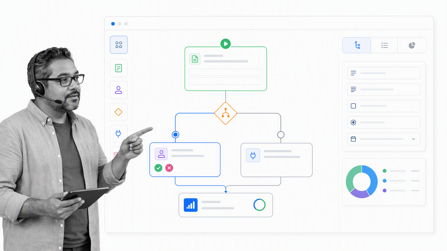Kissflow no-code workflow with a form, routing condition, approval, and integration step