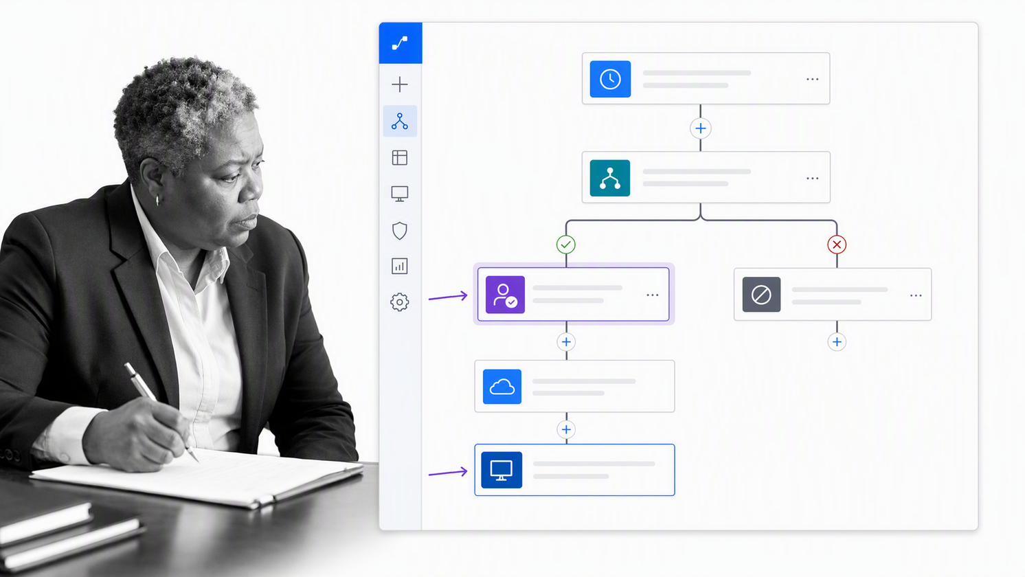 Microsoft Power Automate flow with cloud actions, an approval branch, and a desktop automation step