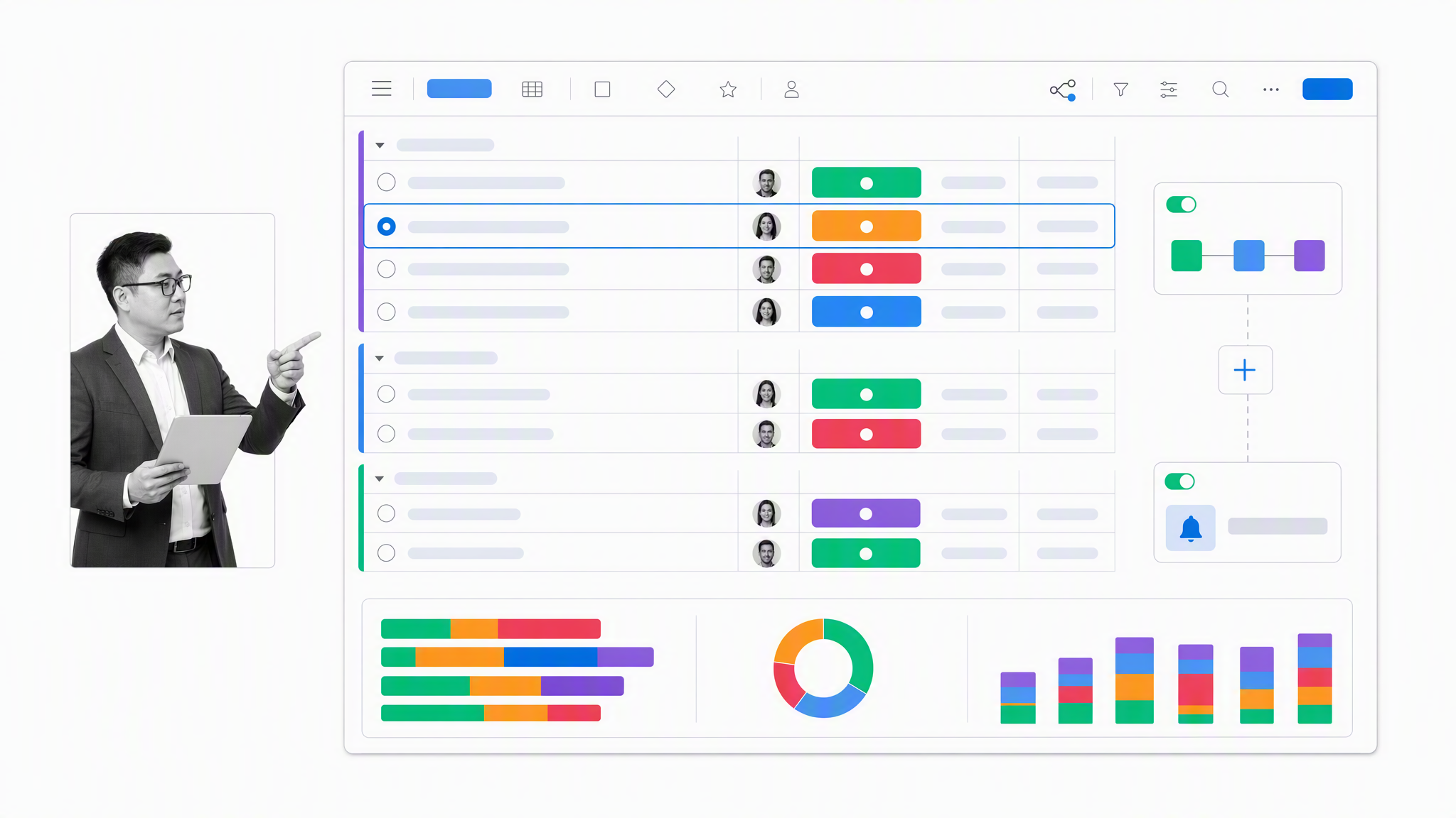 monday.com operations board with owners, status columns, dates, and automation cues