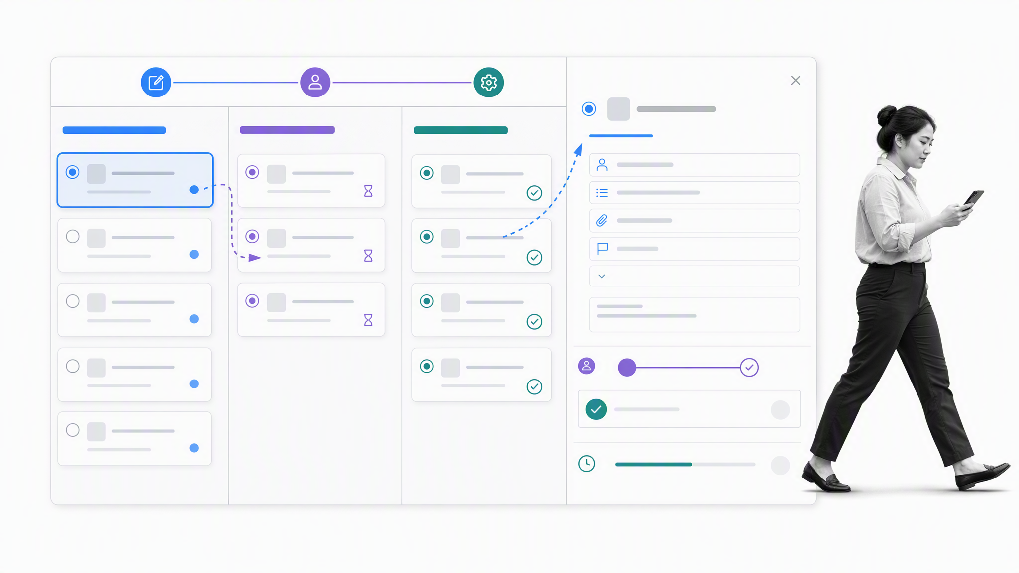 Pipefy service process with request intake, phase columns, and an approval checkpoint