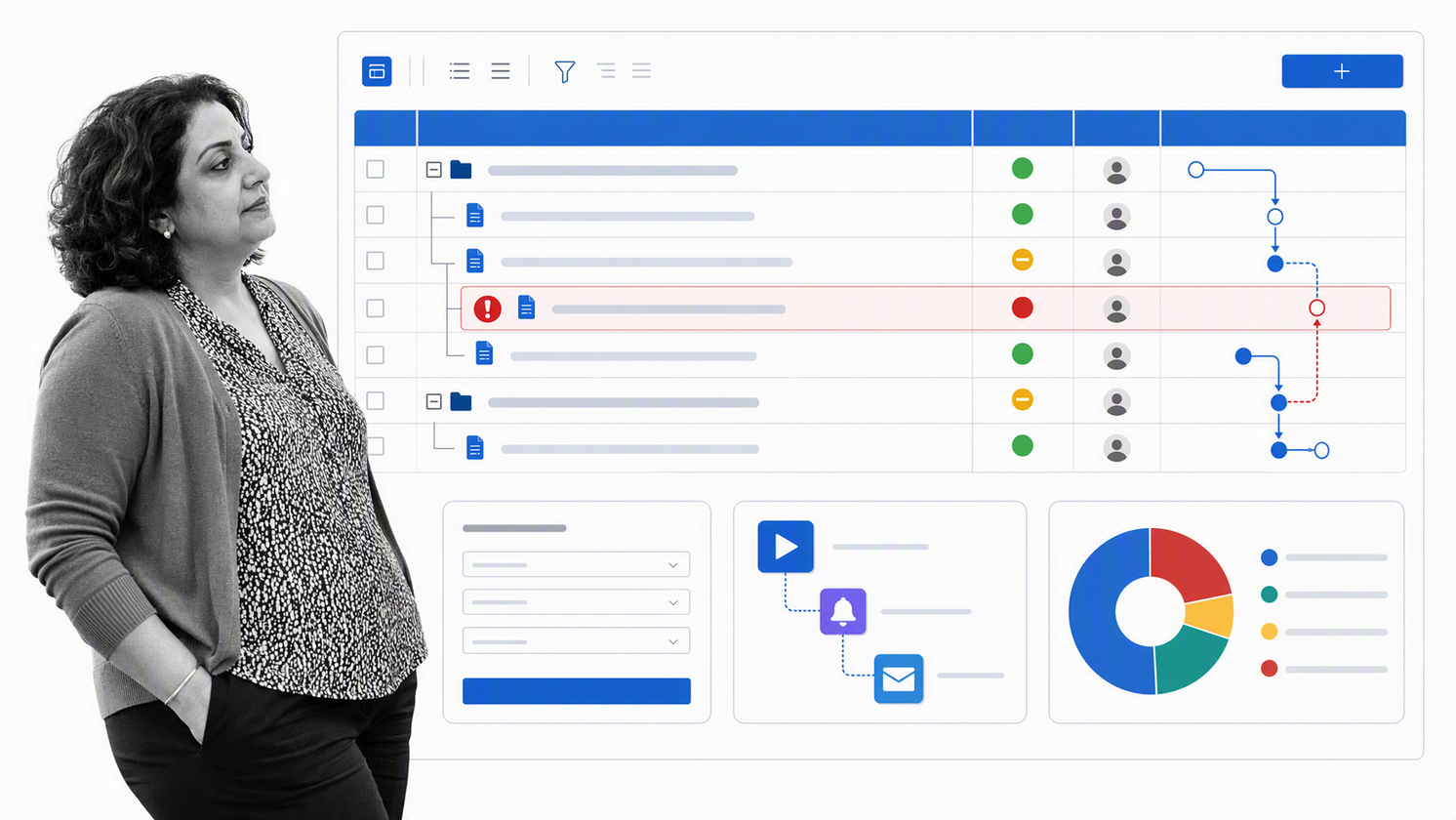 Smartsheet operational grid with hierarchical rows, owners, dependencies, and status indicators
