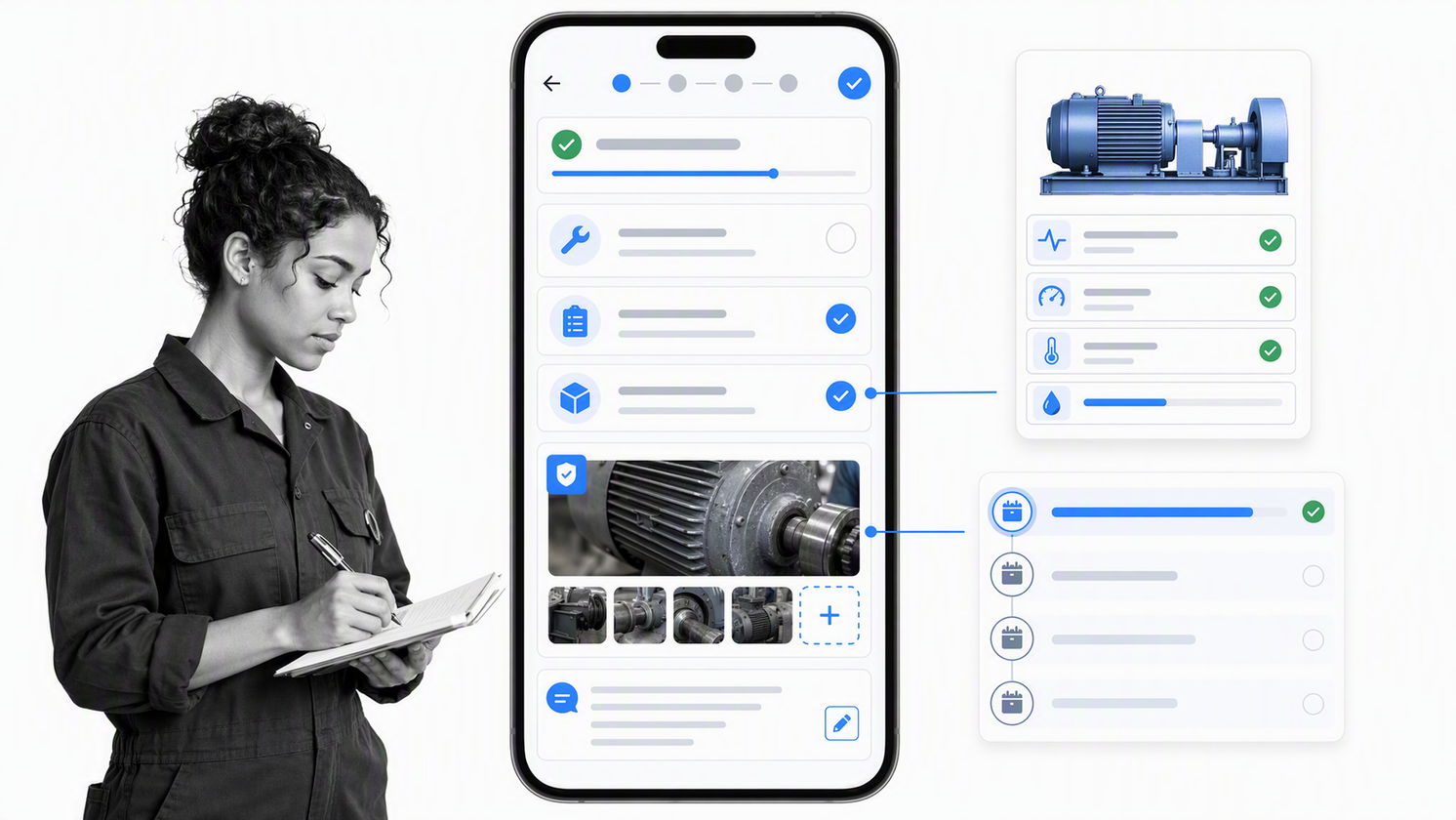 MaintainX mobile work order with asset history, preventive maintenance, parts, and inspection evidence