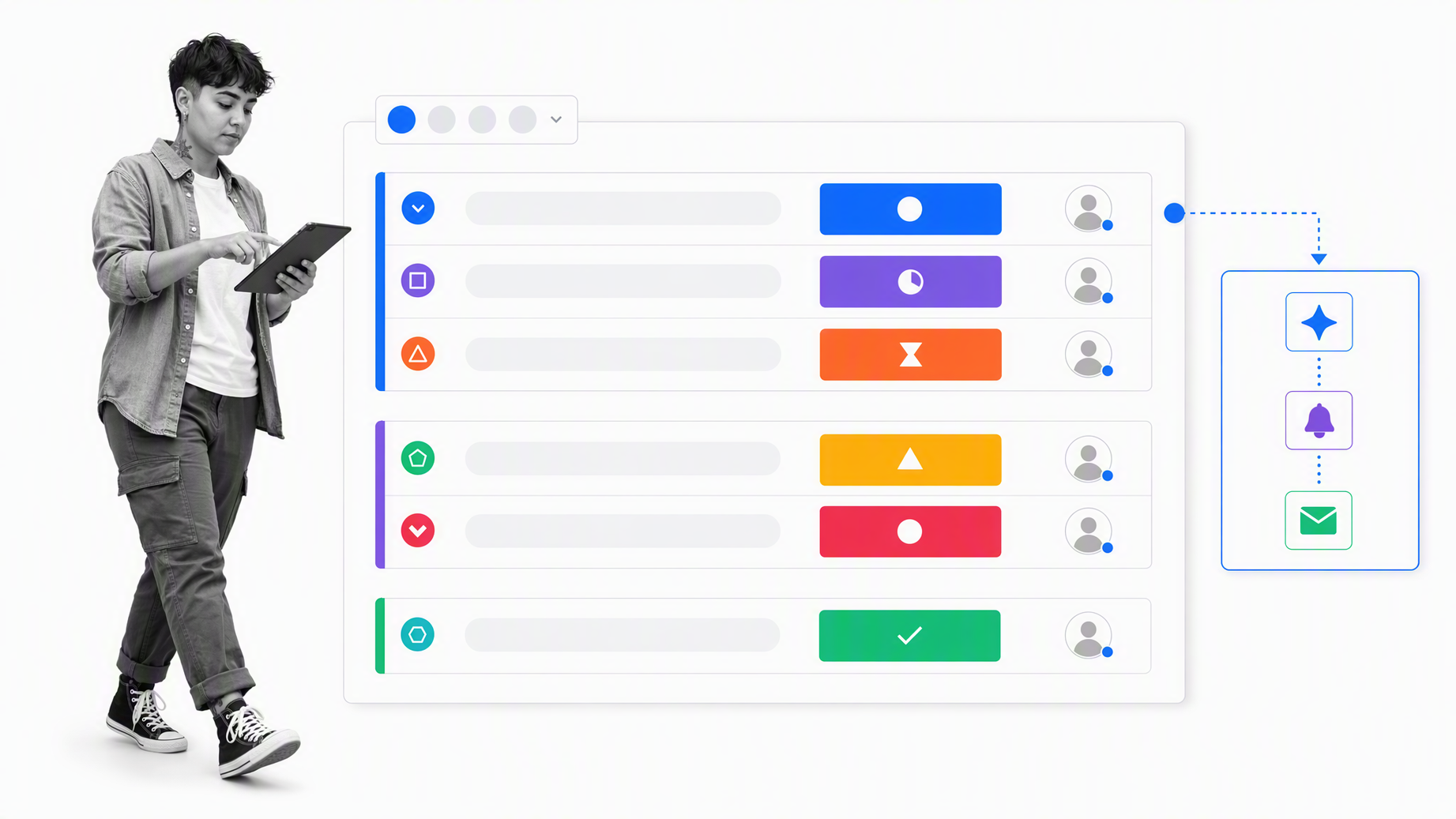 monday.com operations request board with owners, statuses, dates, and automation