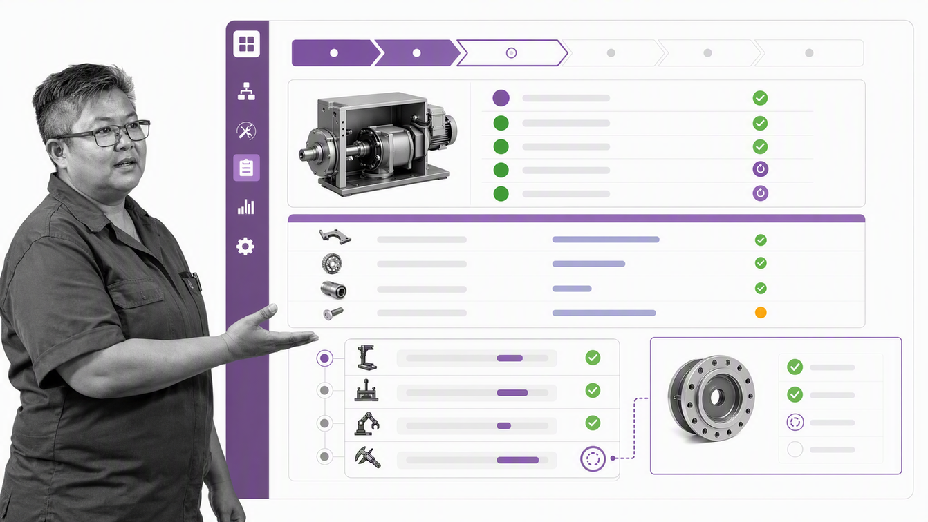 Odoo manufacturing order with components, work orders, capacity, and quality checks