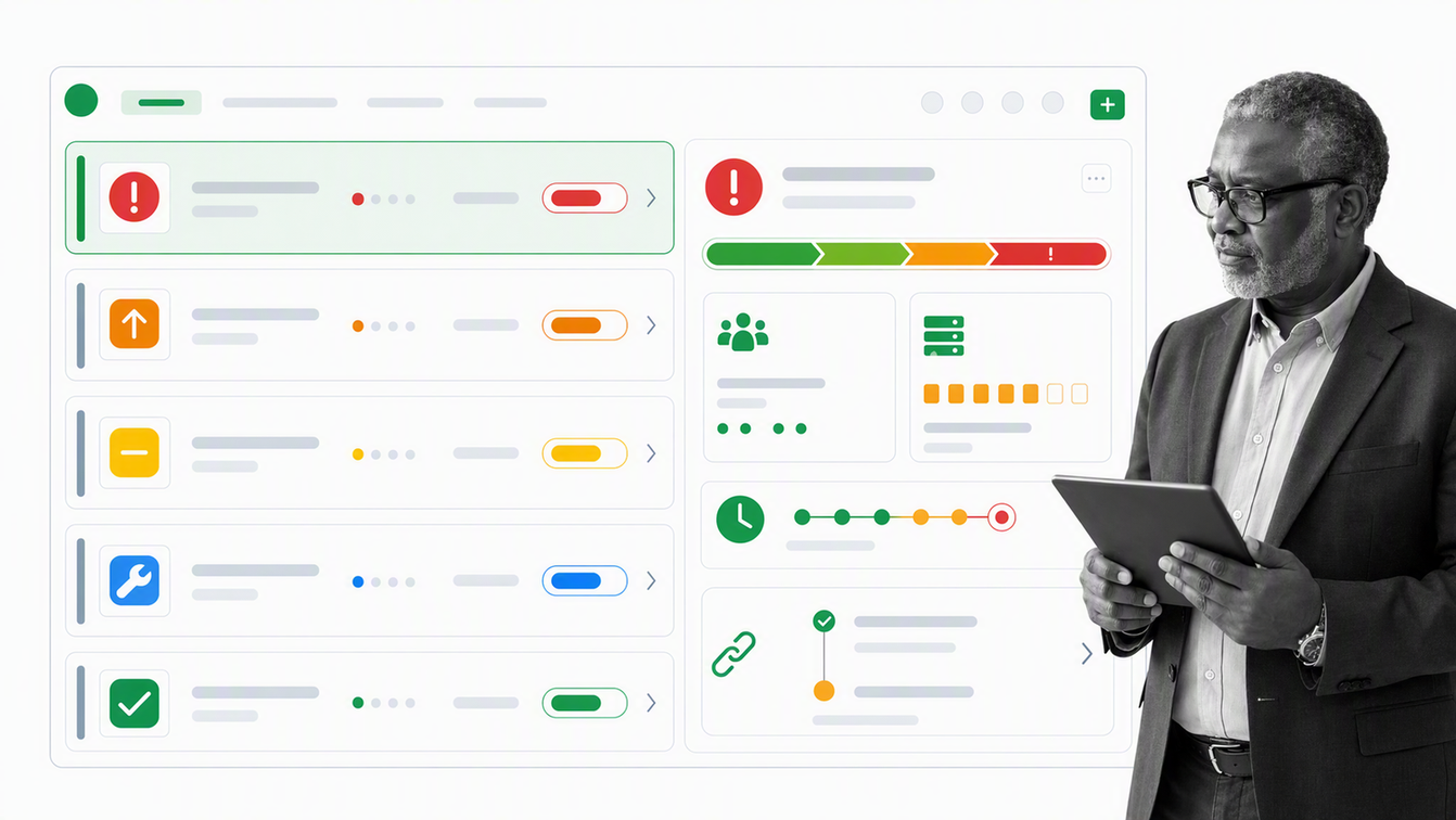 ServiceNow IT service workspace with incidents, changes, assignments, and SLA status