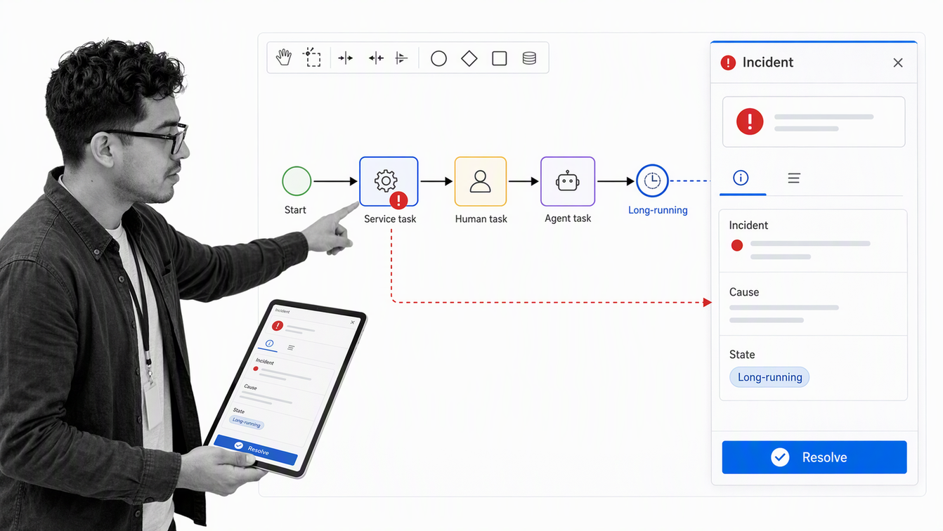 Camunda BPMN model linked to live process instances and incidents