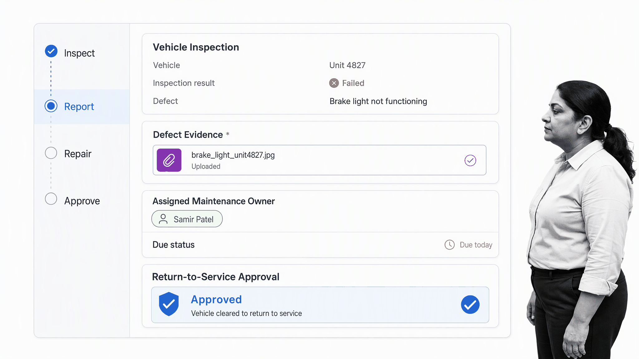 Vehicle inspection exception workflow with evidence, repair ownership, and approval