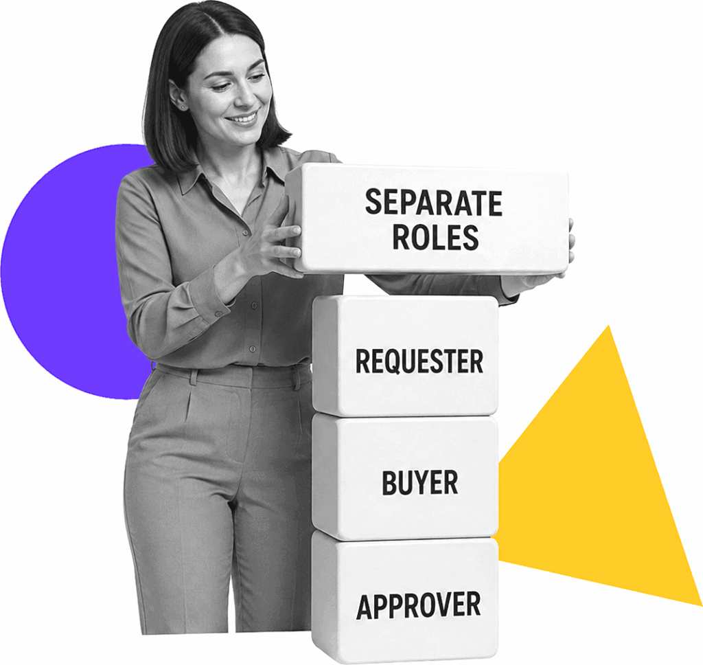 Procurement operations manager stacking labeled role blocks for a controlled purchasing procedure.