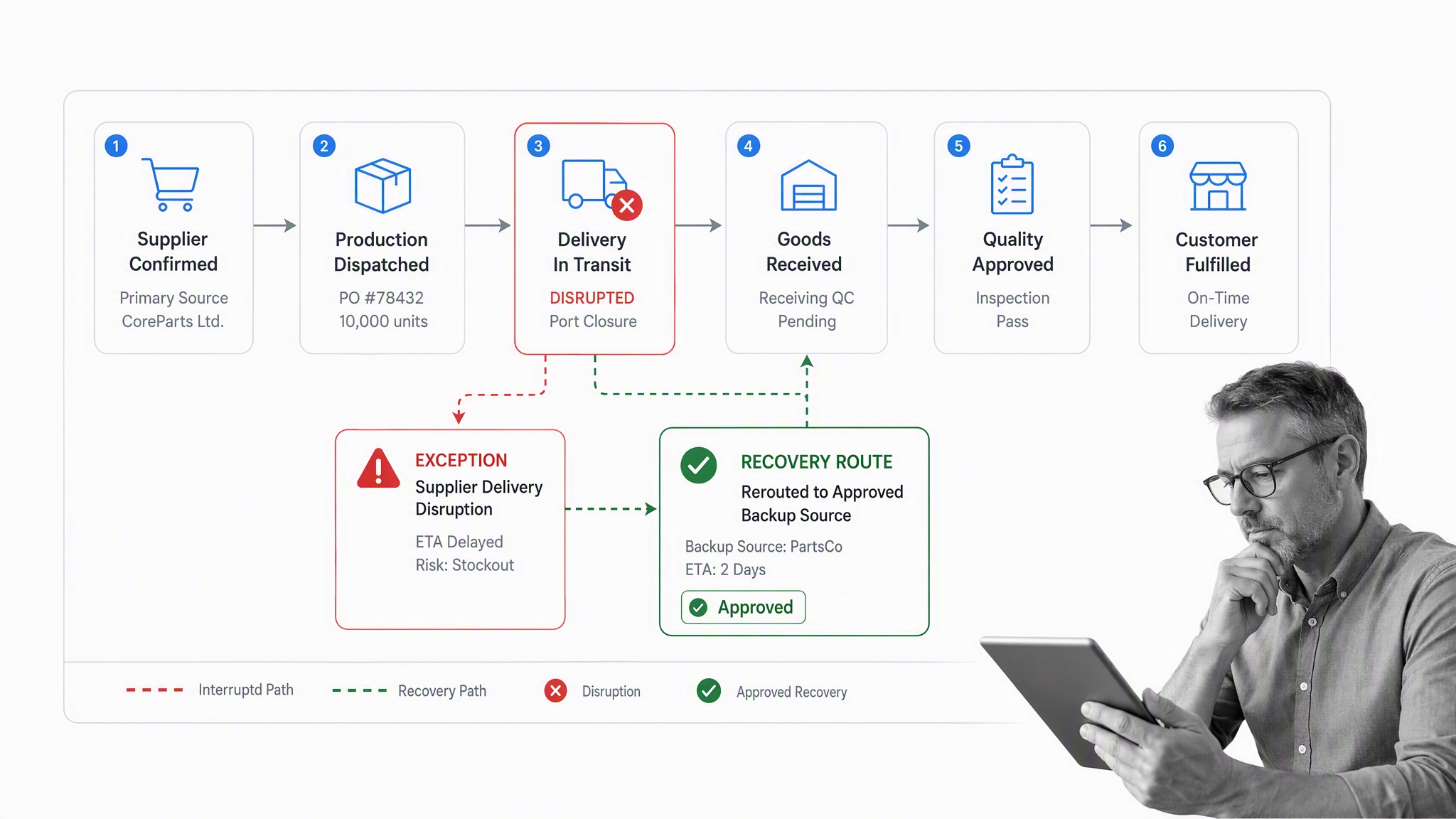 Supplier disruption routed through an exception and approved recovery path