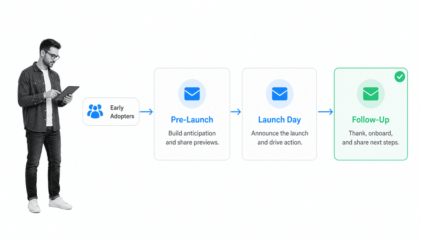 Segmented email sequence moving from pre-launch through launch day and follow-up