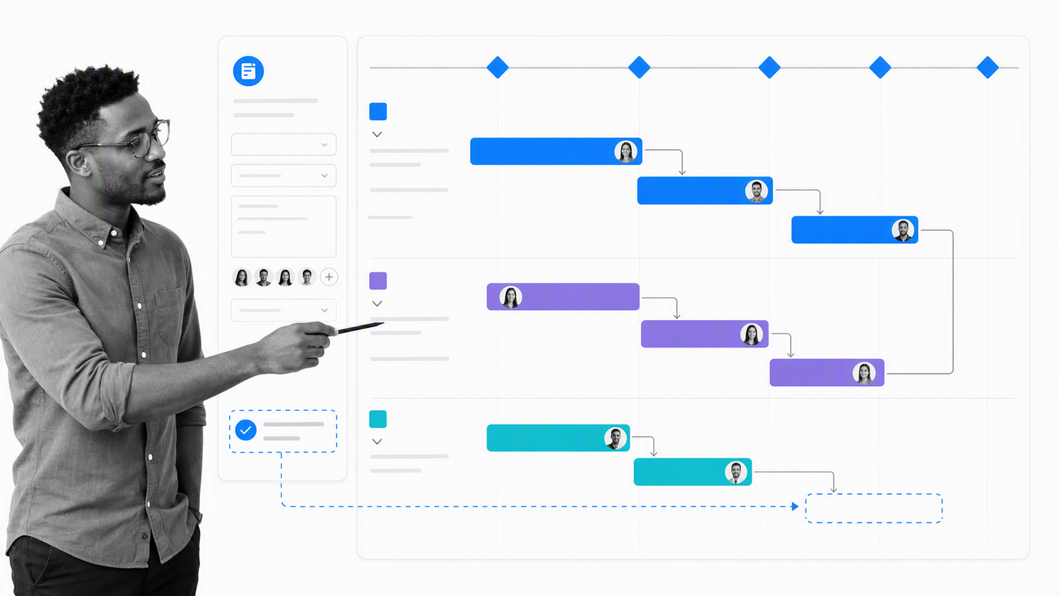 Project manager reviewing an Asana timeline with milestones, dependencies, and a form-created task