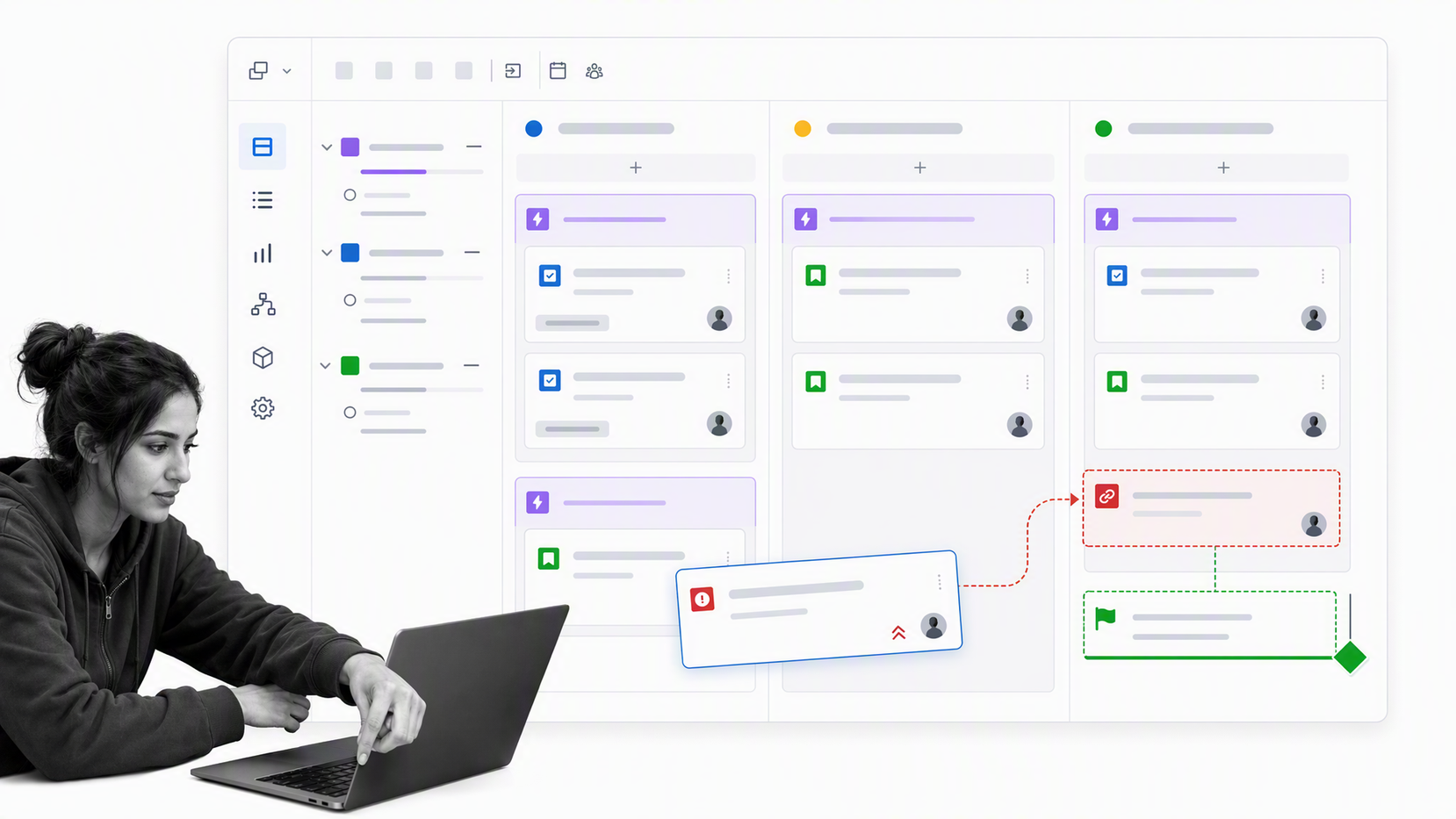 Engineering lead reviewing a Jira delivery board with epics, workflow states, and a blocked dependency
