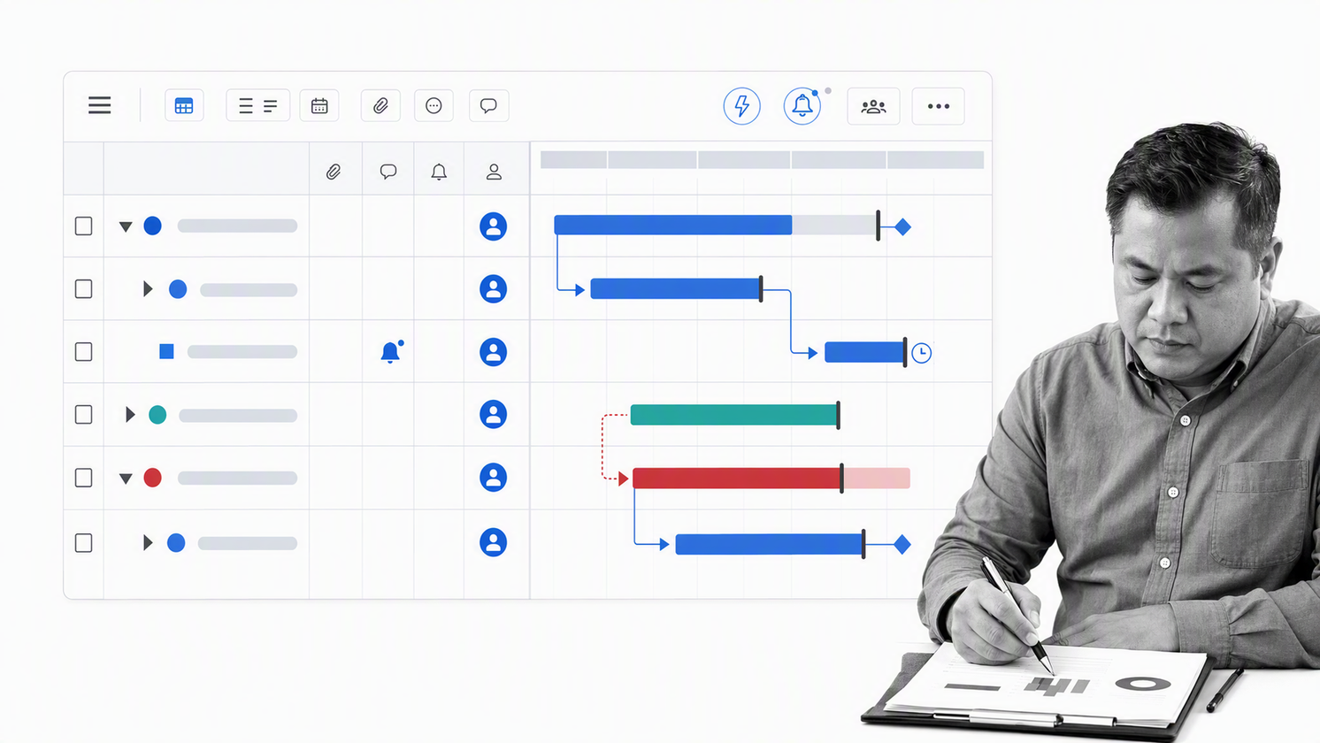 Program manager reviewing a Smartsheet project grid with Gantt dependencies and workload indicators