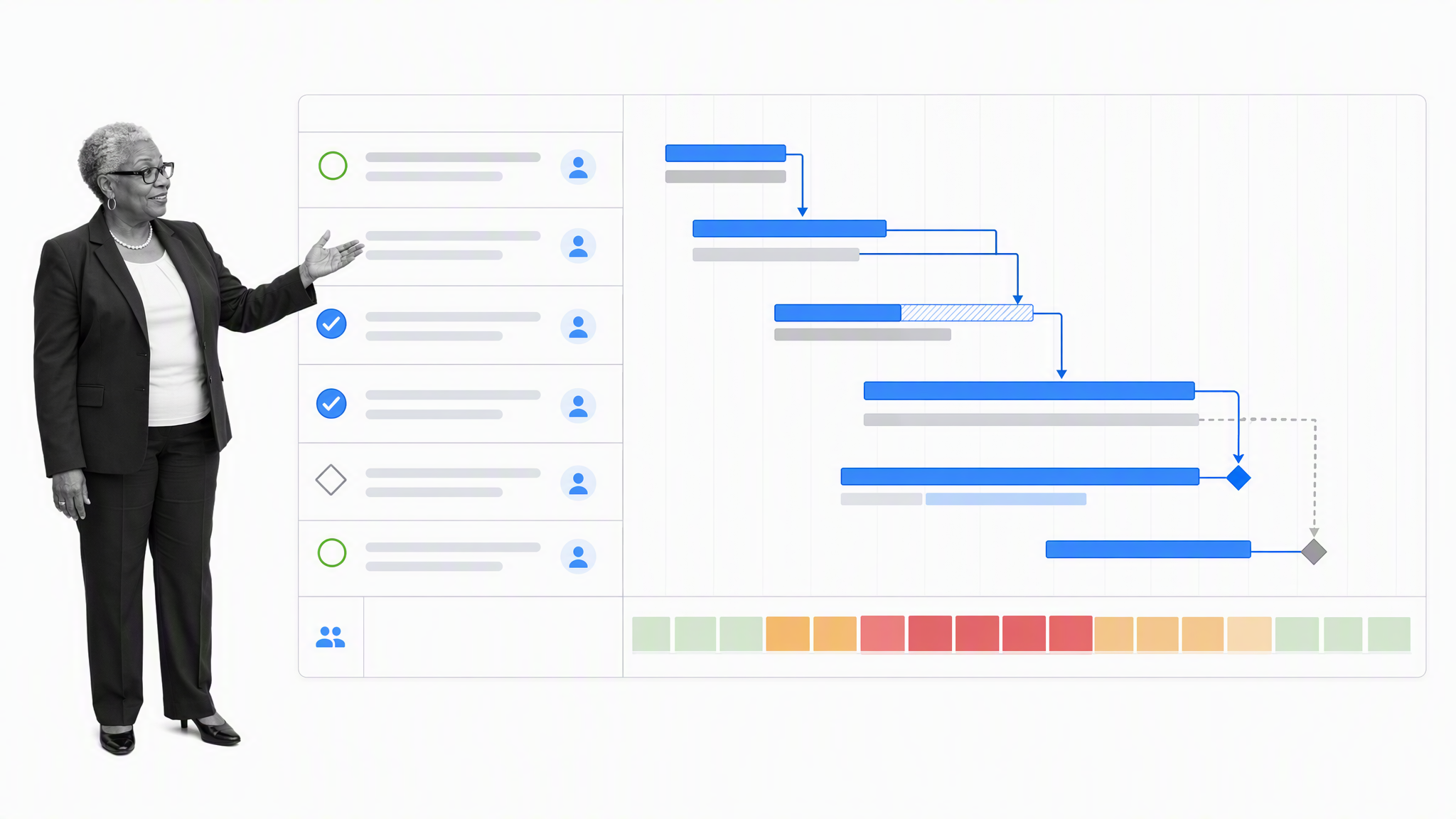 Delivery manager reviewing a TeamGantt schedule with dependencies, critical path, baseline, and workload