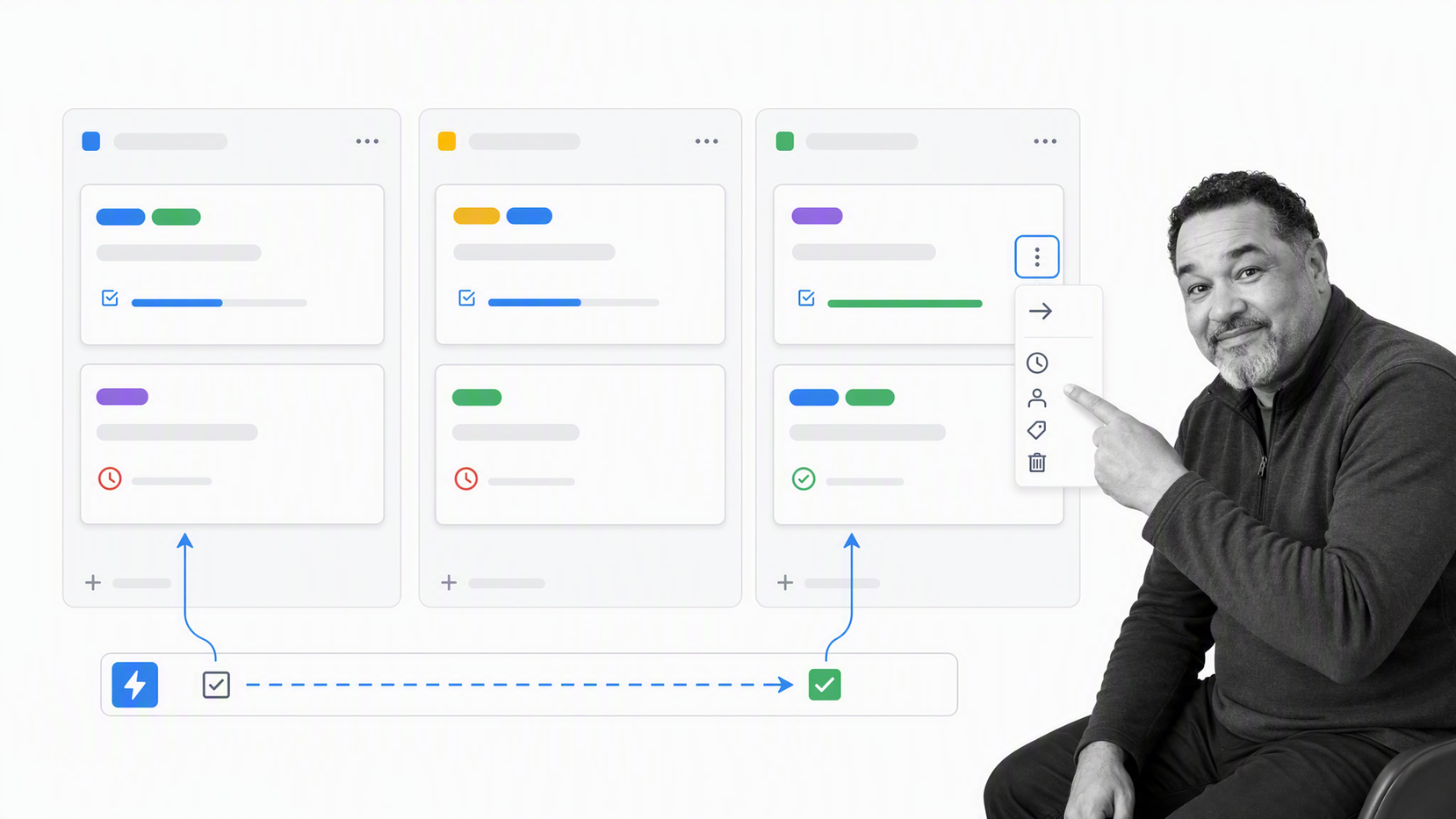Coordinator using a Trello board with card checklists, due dates, labels, and a button automation