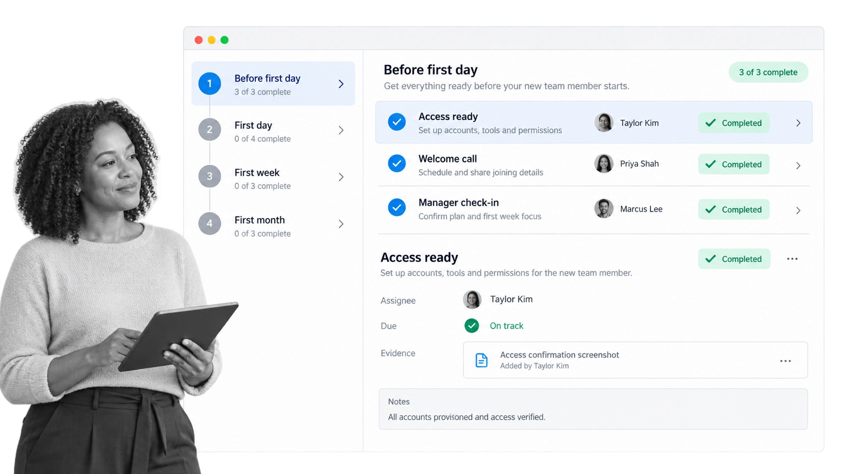 Remote onboarding workflow with access tasks, owners, due status, and completion evidence