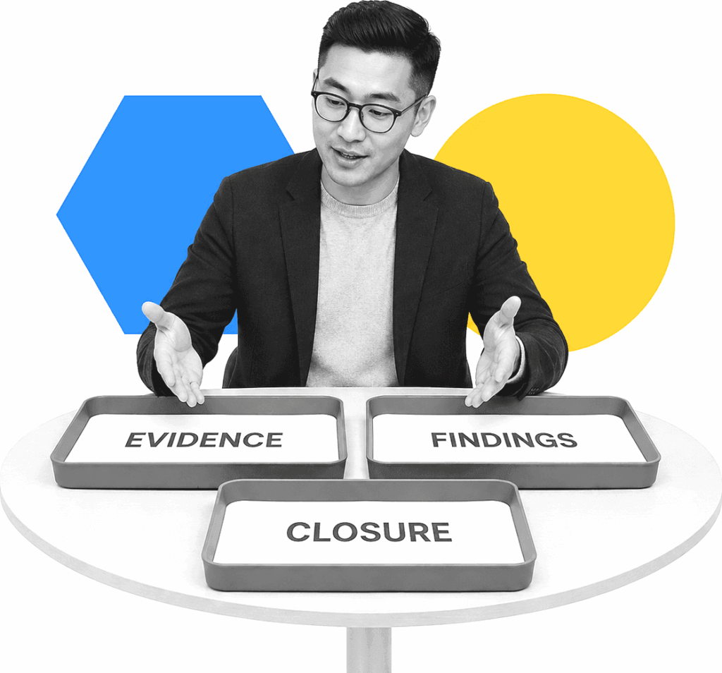 A research audit lead sorting labeled evidence, findings, and corrective action records at an audit table.