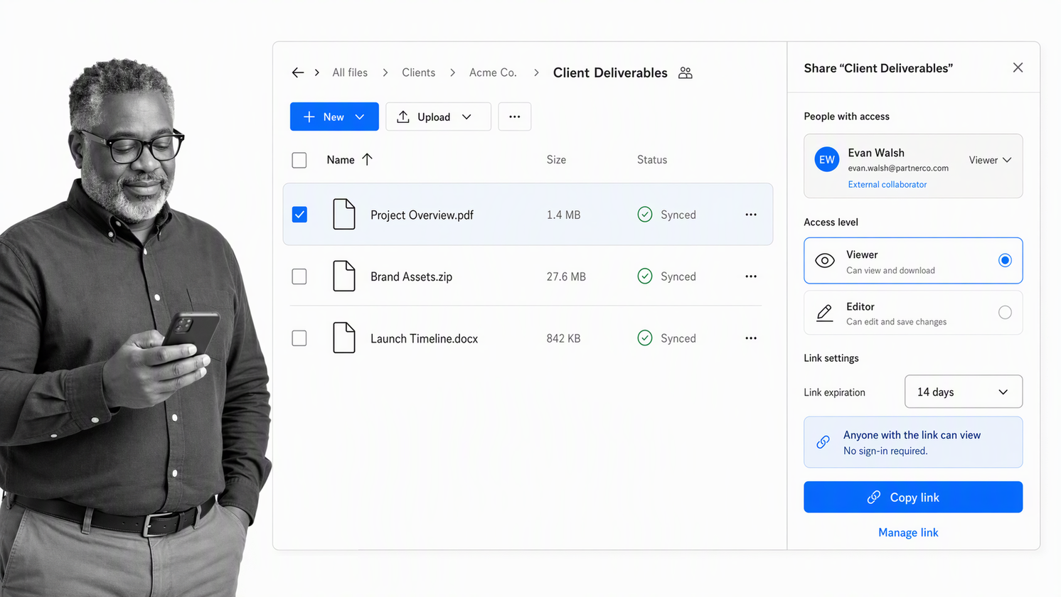 Dropbox shared client folder with current files, viewer permissions, and link expiration settings