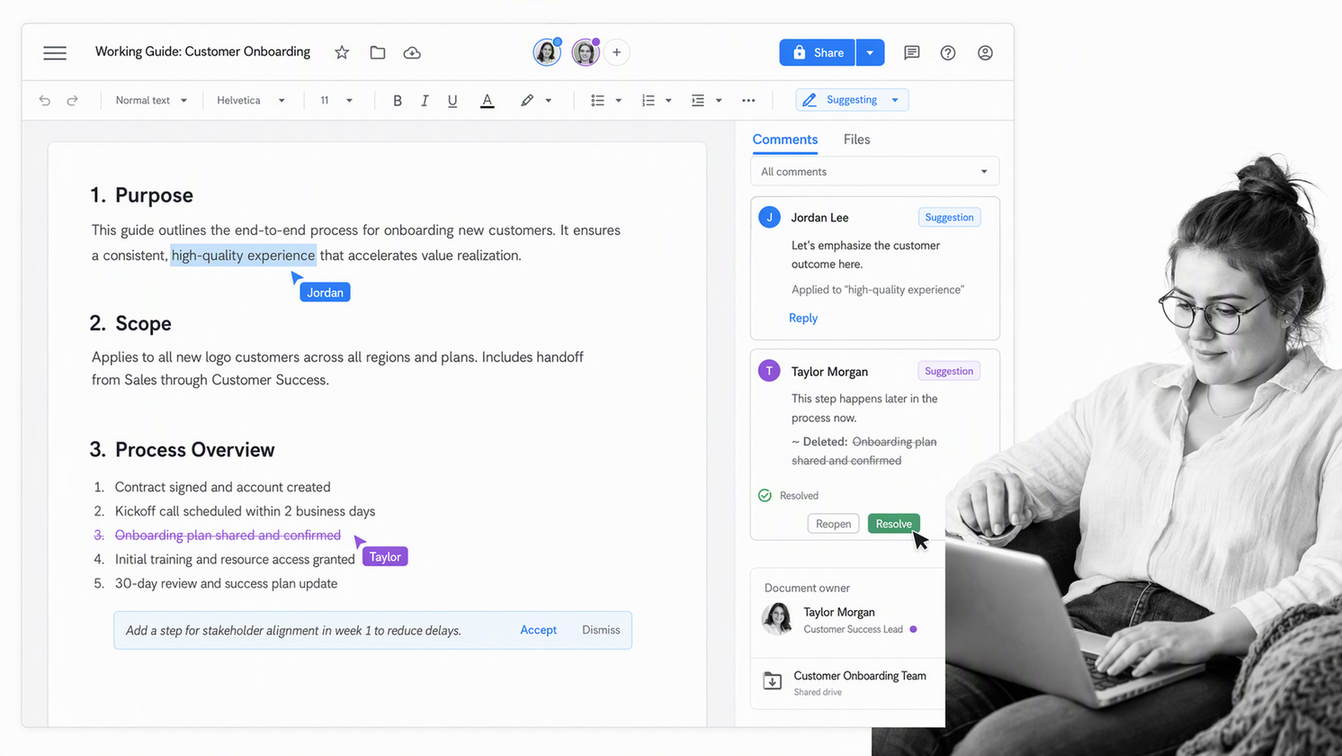 Google Workspace document with live collaborator cursors, a suggestion, and a comment thread
