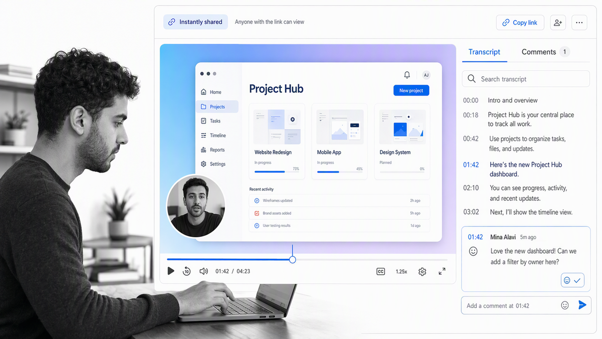 Loom asynchronous screen recording with presenter video, transcript, and timestamped feedback