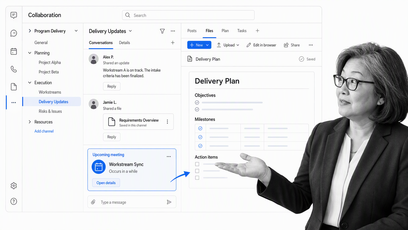 Microsoft Teams channel combining remote chat, a meeting card, and a shared document tab