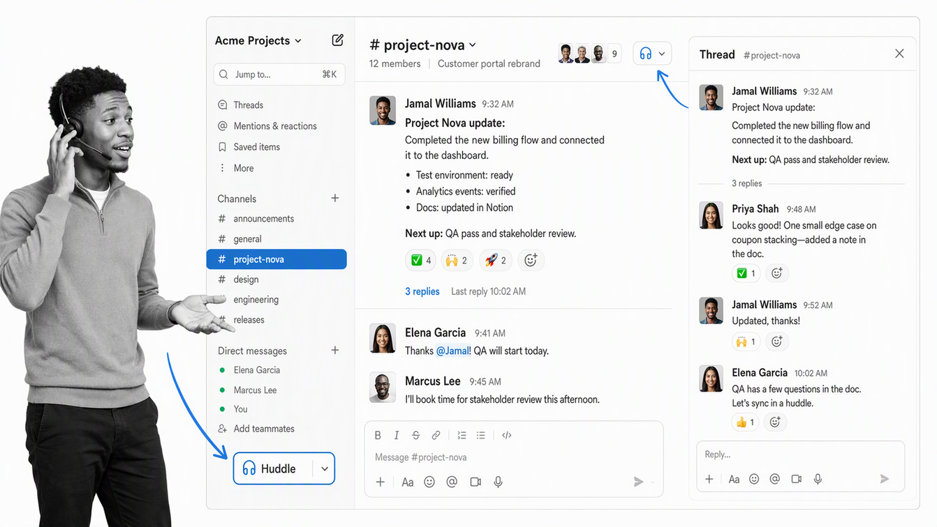 Slack project channel with a threaded remote-team discussion and huddle control