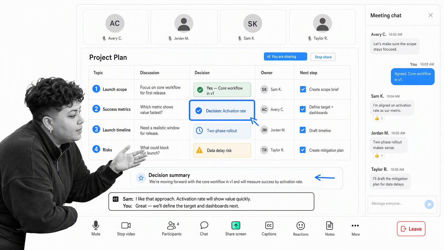 Zoom remote meeting with participant tiles, a shared screen, captions, and meeting chat