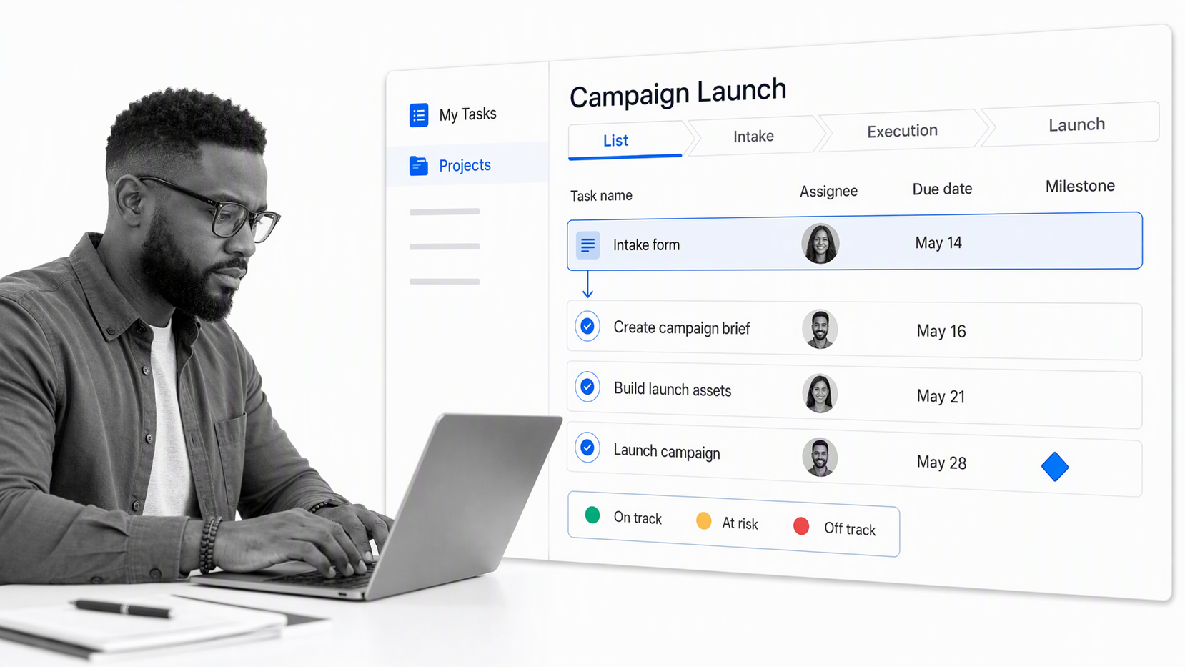 Asana cross-functional project list with intake task, assignees, milestone, and portfolio status